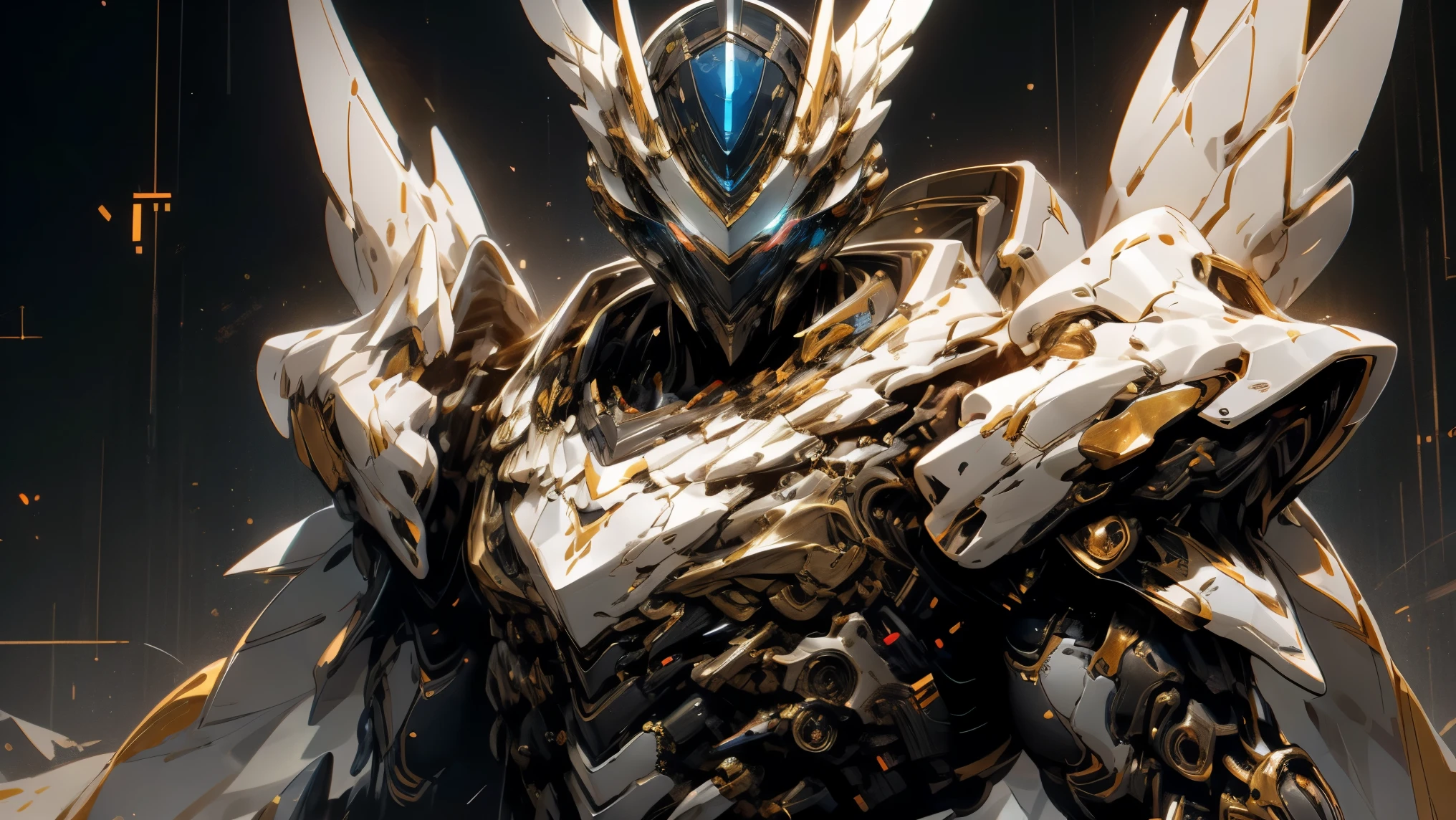 male in mechanical angel armor with beautiful and graceful decoration all over his body Diesel Punk Angel Knight, full helmet with full guard white steel night visor , Bright, vivid eyes , pure white armor with pale gold accents , The armor has a 、arm、chest、 gorgeously engraved art deco patterns flowing on the legs , beautifully designed, white mechanical angel wings , Face coverings, elegant and beautiful dieselpunk knight helmet face hidden in the visor , upper body portrait, Anime style