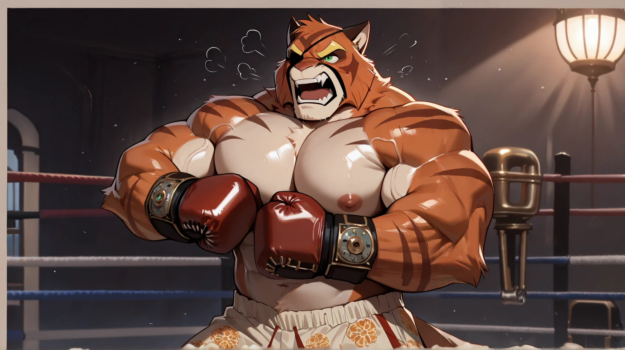 solo, hyper muscular furry (viktor vasco, Viktor[lackadaisy], Viktor Vasko[lackadaisy], black eyepatch, orange fur, orange body, yellow pattern, cream pattern, 1920s styled clothing, stripes, green eyes, large eyebrows, eyebrows, yellow eyebrows.), huge pectoral , large pectoral, open mouth, red shorts, gloves boxing, boxing gym, steampunk, nipples,  angry, detailed, shirtless, masterpiece, semirealistic:1.2, high detailed, 8k, high resolution
