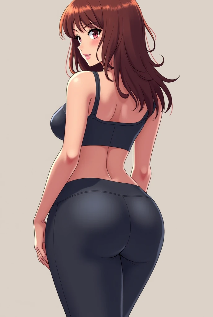masterpiece, tight denim pants, back view++, look back++, ass crack, chubby but small breasts, very thick legs++, Full body+, Solo, Realistic, Sexy Asian face, Swollen face, Ripped black denim pants, Japanese face, Legs focus, Moderately fat body type+, 1 woman, wide shoulder, T-shirt, Denim pants, thick thighs, Thick waist++, low rise black denim pants, Small breasts and fat and short leg, Muchimuchi body best quality, 1girl, kaoruko, brown hair, brown eyes, twintails, hair ornament, red ascot, looking at viewer, solo, simple background, from the front