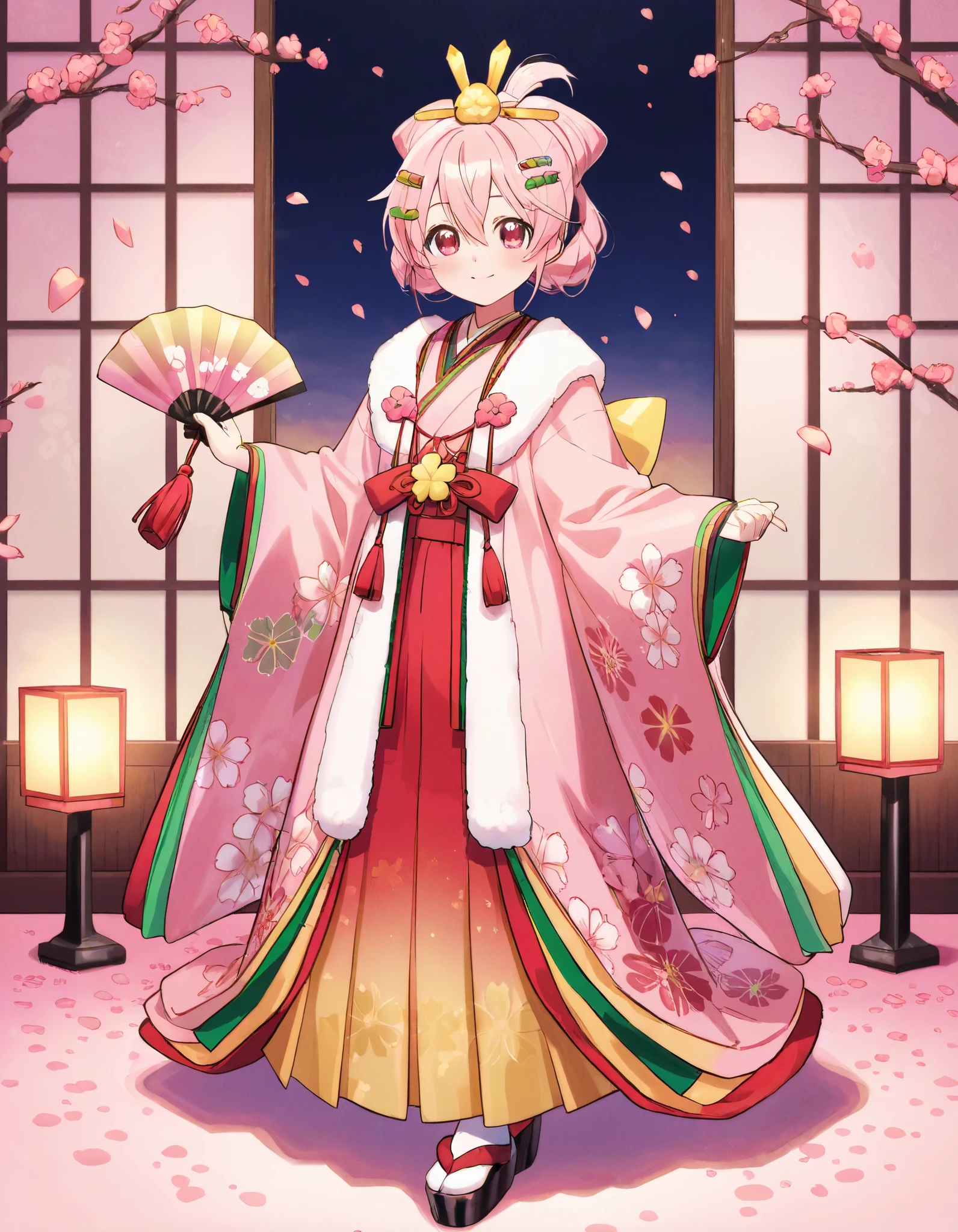 young girl dressed in a traditional Japanese hina doll cosplay, celebrating Hinamatsuri on March 3rd. She wears a beautiful multi-layered kimono in pastel pink and red with intricate golden patterns, resembling an elegant Empress. Her hair is styled in a classic Japanese updo, adorned with delicate floral hairpins and a golden crown. She holds a small folding fan in her hands, standing gracefully in front of a Hinamatsuri display with tiered platforms of ornamental dolls. The background features soft paper lanterns and cherry blossom petals floating in the air, creating a warm and festive atmosphere. The scene is illuminated by gentle candlelight, emphasizing a dreamy and traditional Japanese aesthetic