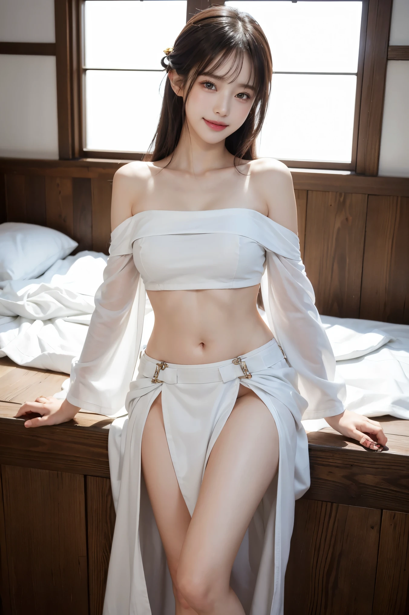 (photorealistic 16K Quality), (high resolution detailed 8k), (ultra realistic details digital art), (best quality), professional photography,highres, masterpiece, ultra-detailed, realistic, photorealistic, photo-realistic, HDR, UHD, studio lighting, ((beautiful a girl)),she is 25 years old, ((glamour sensual body))、 ((Beautiful legs)), ((almost nude looks colorful hanbok)),((pretty face)), take a slit in the clothes on the thigh, ((navel exposed)), ((little smile)), (light is in front of the girl), ((bright shiny face without shadows)), ((slender but big breast)), (off the shoulder)、 look straight ahead,(Hair covers the ears and makes them invisible),((fair milky color skin)),((underboob)),tidying up her cloth, in a changing room