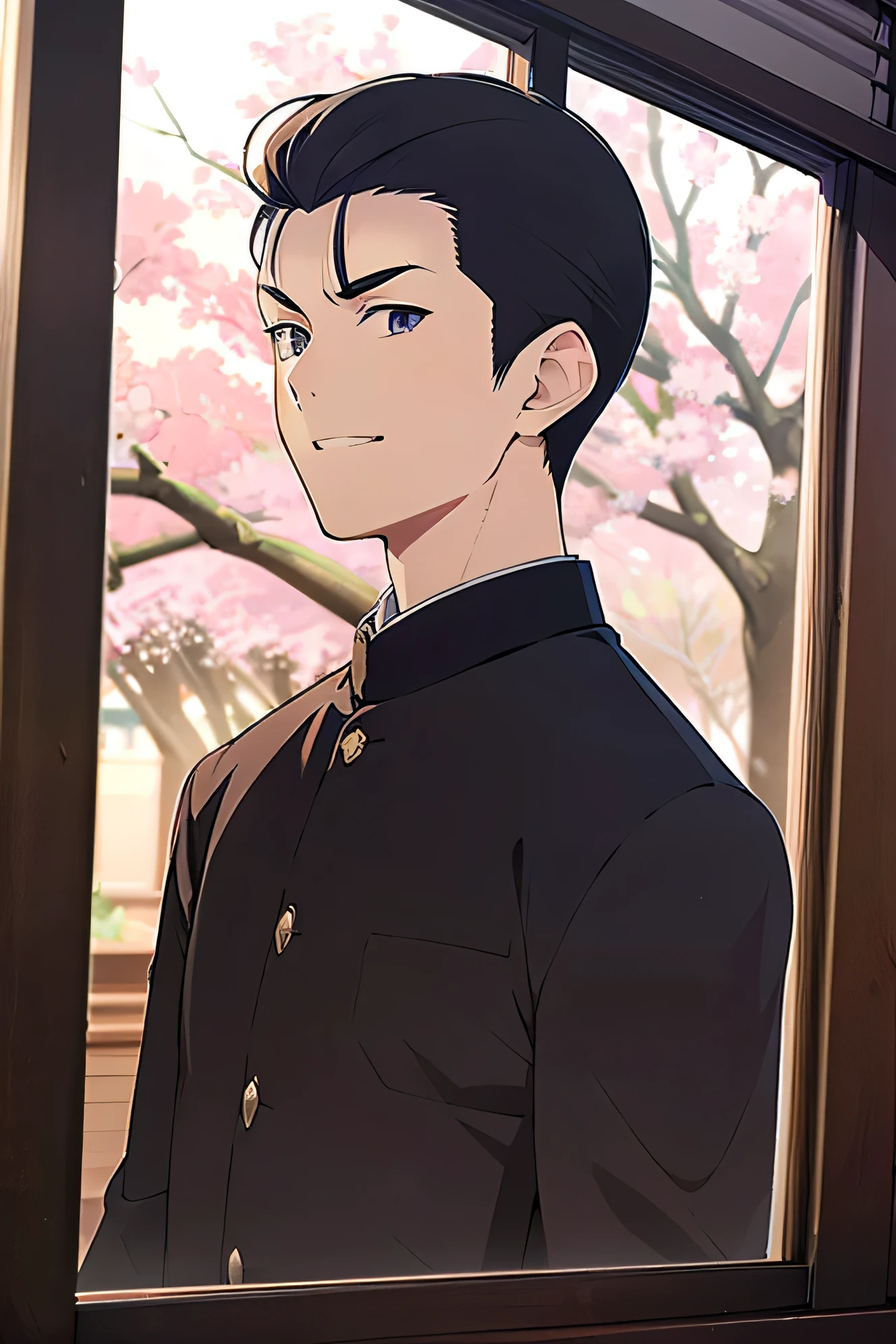 Japanese man handsome short dark-haired adult short cropped smile In the classroom window window windowの外は初春 There is only one cherry tree Black school run school uniform Black school run Shaved head Shaved head Shaved head Shaved head
