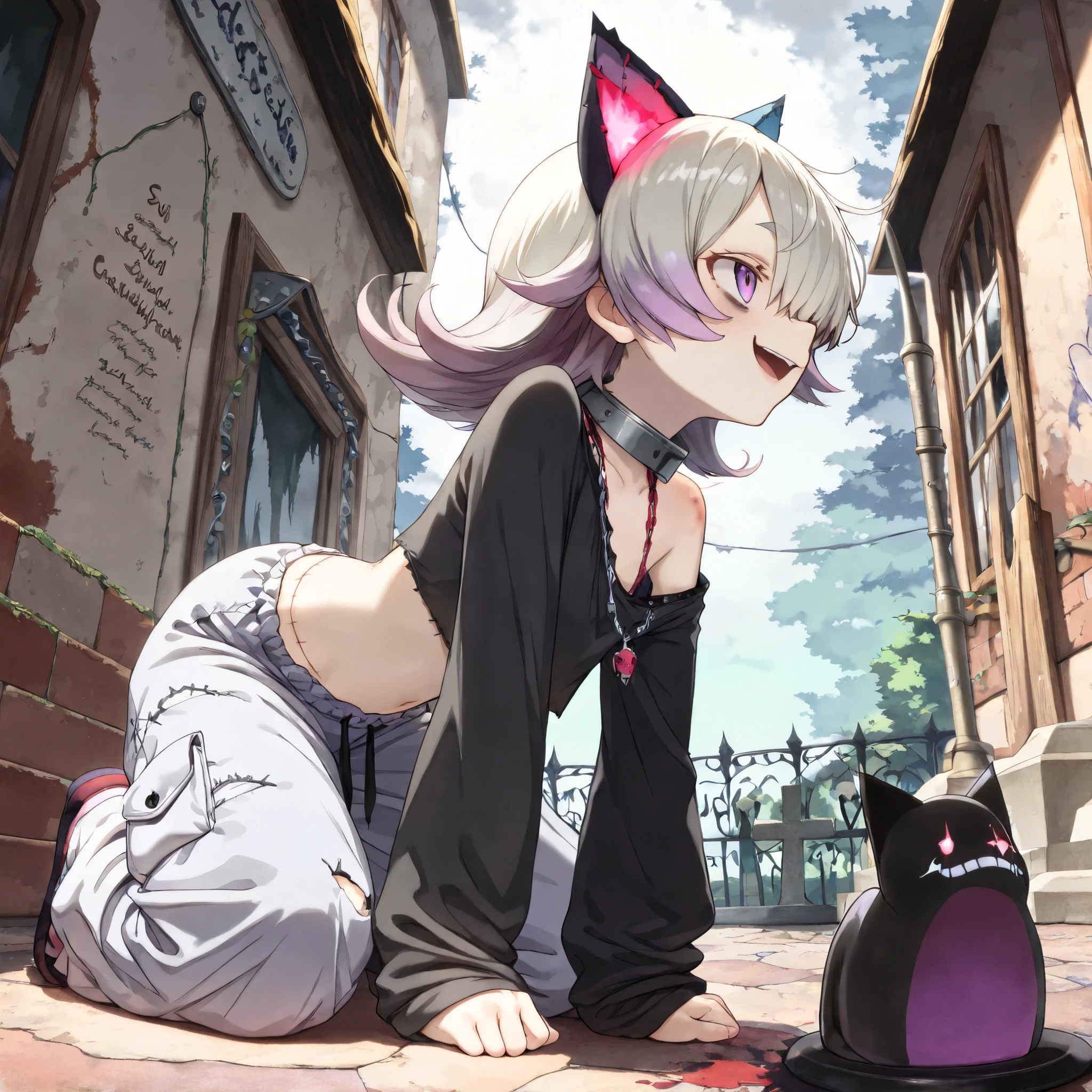 ((Masterpiece)), ((best quality)), (8K), (profile, from below), (detailed background:1.2), (super detail:1.2), (High Definition:1.3), (Professional Photography:1.2), (very aesthetic:1.2), (absurdres:1.2), (sharp focus), ((1girl)), cute young girl, Textured skin, metal collar, ((spooky cropped shirts, many ragged long sleeves, ragged cropped shirt, loose neckline)), (Shredded spooky baggy pants), ((pale skin)), slightly exposed Lower abdomen, ((evil smile)), open mouth, (pale purple eyes, gradient eyes, looking at side), glowing eye, (Glossy skin), ((put on cat ears)), (platinum-gold hair, gradient hair), ((hair over eye, flipped hair)), (outside curl medium hair), (small chest), Healthy Gaunt body, BREAK, (body with Patchwork stitch marks), Thin and short eyebrows, (cute cheeks), glossy lips, pouty lips, (lower eyelashes), tilt head, bags under eyes, (loose kneeling, leaning forward), ((foggy effect)), (Terrifying haunted Cemetery at midnight),