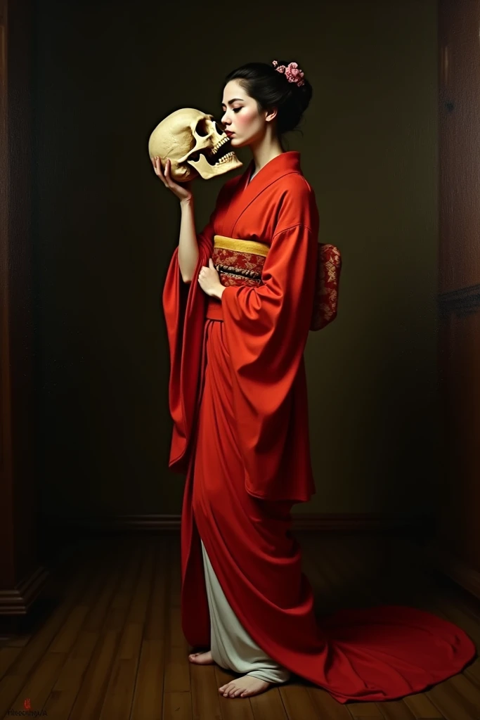 (masterpiece:1.2), Highest quality,
One girl, (((Spread your legs and show your vagina)))、Cross-legged、flower, Straight black hair, Red eyes, hair ornaments, hair flower, mask, View your viewers, red flower, Long sleeve, Are standing, red dress, Holding, Wide sleeves, dress, with own hands, horn, skull, short hair, kimono, Robe
 