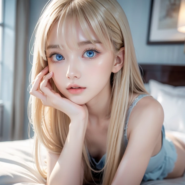 A very white and beautiful 20 year old blonde girl、masterpiece, highest quality, shape, Ultra-fine detail, Natural platinum blonde with a natural shine、Super long straight silky hair、Super long hair like Rapunzel、Hair tangled on the body、Messy bangs on the eyes,、Face-covering bangs、bangs、huge cleavage, High resolution, 8K TV Wallpaper, Perfect dynamic composition, Very beautiful, very bright blue eyes、Very big eyes、of hotel(bed)、Small Face Beauty、Round face、On all fours, head down bottom up, double eyelid, cheeky smile