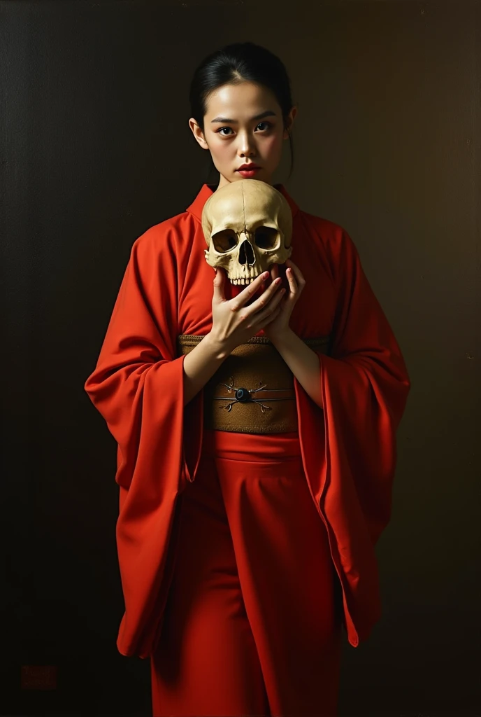 masterpiece、Highest quality、Realistic photos、Thick Fog、A beautiful Japanese girl in a very elaborate red kimono、((((On both hands、Precisely holding the skull of a Caucasian adult male))))、(((She spreads her legs to show her vagina)))、((Red background))