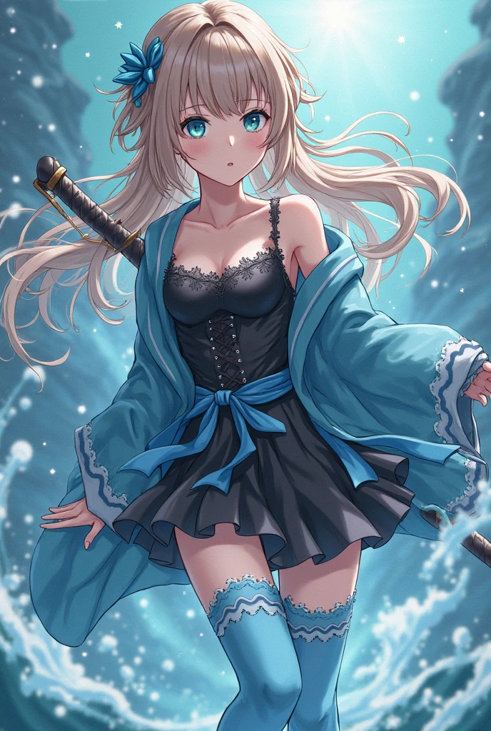 master piece, highest quality, High resolution, 1 girl, alone, hayasaka ai, blue scrunchie, side ponytail, hair between eyes, blue eyes, blonde hair, hair ornaments, chest,kimono,samurai cross,has a sword, necklace, clavicle, black dress, jewelry, sweater, cowboy shot, Are standing,