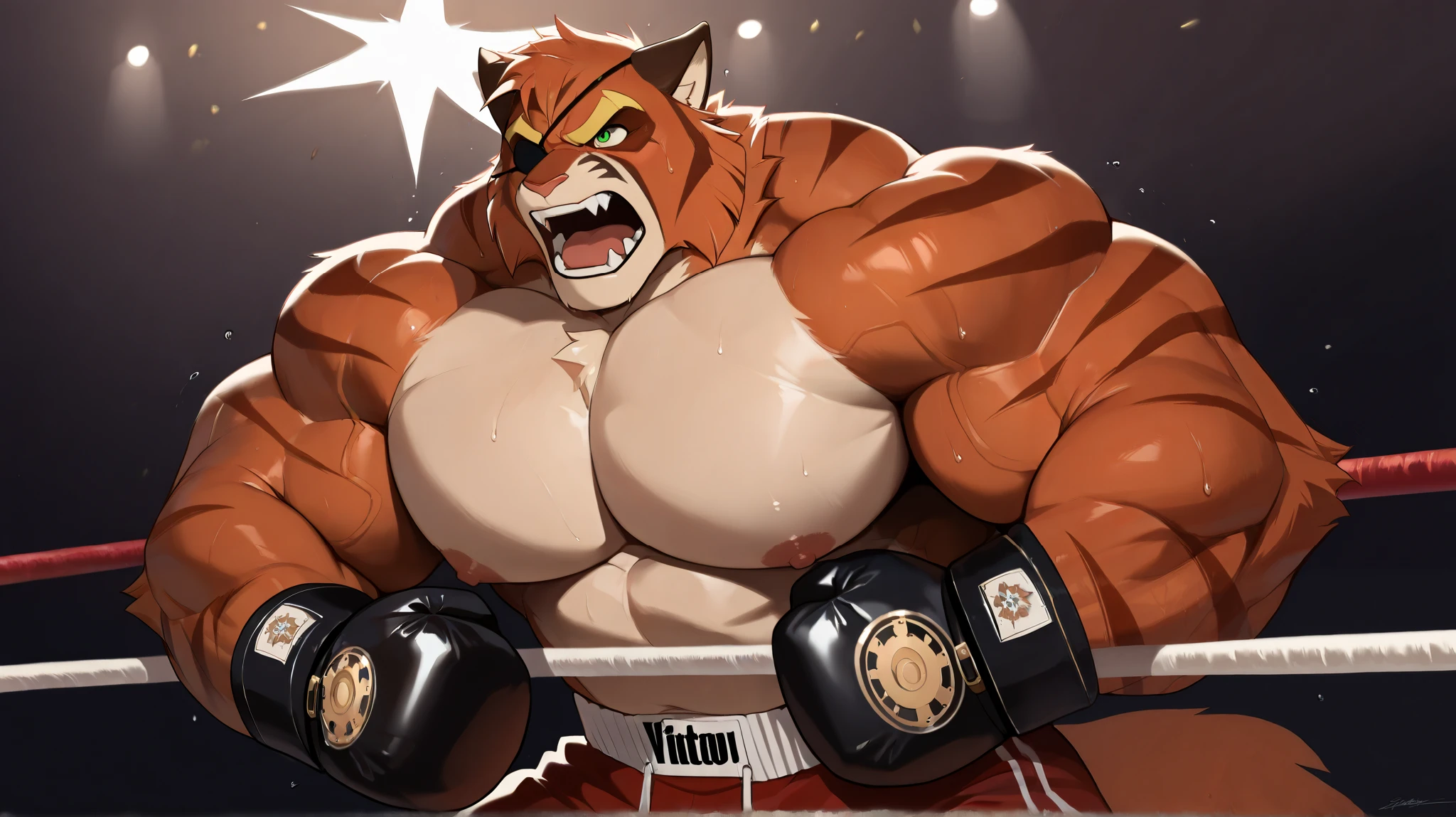 solo, hyper muscular furry (viktor vasco, Viktor[lackadaisy], Viktor Vasko[lackadaisy], black eyepatch, orange fur, orange body, yellow pattern, cream pattern, 1920s styled clothing, stripes, green eyes, large eyebrows, eyebrows, yellow eyebrows.), pectoral, open mouth, red shorts, gloves boxing, boxing gym, steampunk, nipples,  angry, detailed, shirtless, masterpiece, semirealistic:1.2, high detailed, 8k, high resolution