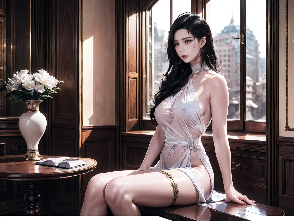 A lady with extraordinary temperament, she stands in a modern indoor space, as if she is a model from a fashion magazine. She is wearing a (pure white long fur cape), the softness and luster of which makes her look more noble under the light, and complements her (beige dress) underneath, showing her gentle temperament while maintaining a sense of fashion. The style of the dress is simple and generous, a perfect match, and it lengthens her figure, making her tall and charming. The lady's makeup is delicate and elegant, which just highlights her facial features and makes people unforgettable at first sight. Although the earrings and necklace she wears are not ostentatious, they add a bit of sophistication and nobility to her overall look. Her hair is casually draped over her shoulders, and every strand of hair exudes a natural luster,, (best quality,8k,highres,masterpiece:1.2),ultra-detailed,(realistic,photorealistic,photo-realistic:1.37),studio lighting,ultra-fine painting,sharp focus,physically-based rendering,extreme detail description,professional,vivid colors