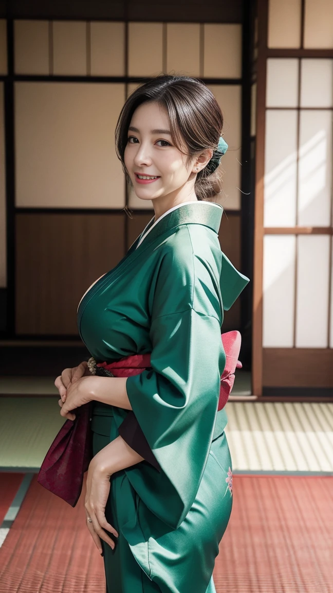 (highest quality:1.5)、(Real:1.5)、(1 person:1.5)、Medium Shot、(Very detailed)、(High resolution)、8k、Small breasts、Natural color lip、Cute smile、Japanese women、20 year old girl、Thin eyebrows、Beautiful and elegant face、Cute face、Cute eyes、Big eyes、Big Eyes、Fair skin、Beautiful and elegant face、Natural Bangs、Beautiful and thin nose、 Beautiful Skin、Medium Bob Hair、Natural Bangs、Perfect and beautiful facial features、Slim face and figure、（Looking at the camera with a cute expression）、（Bright lighting）、Professional Lighting、（Lighting from the front）、Adorable smile、cute、Beautiful cleavage、Simple Background、Japanese-style room、Beautiful clavicle、Graceful pose、Kimono with long-sleeved kimono、Cutekimono with long-sleeved kimono、(cutekimono)、(cutekimono)、Beautiful clavicle、Upper Body、Beautiful cleavage、Beautiful Japanese pattern kimono、Cute Japanese pattern obi、kimono、(Large Breasts:1.3), (Slim Body:1.3),
