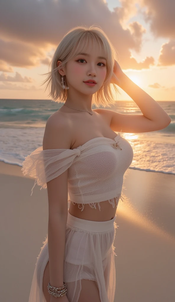(masterpiece:1.4), (Highest quality:1.4), Realistic, One girl, Artoria Pendragon \(destiny\) , Short shorts, White shirt, Beach, Cleavage,Crop top