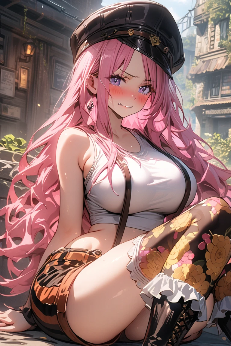 solo, 1girl, 4k, ,Lens flare, pink hair , 4k, 8k, best quality, masterpiece, hyper detailed, intricate detail, 1boy, 1 girl, detailed, Detailed fuchsia hair ++, detailed pink eyes ++, raytracing, scene girl, scene outfit, streaky hair, long hair, twin tails, huge breasts, tattoos, hairclips, scene hairclipssparkles, twin tails , tiny waist, huge breasts, black horns, massive breasts, tiny waist, bimbo, evil smirk, tummy, eye wink