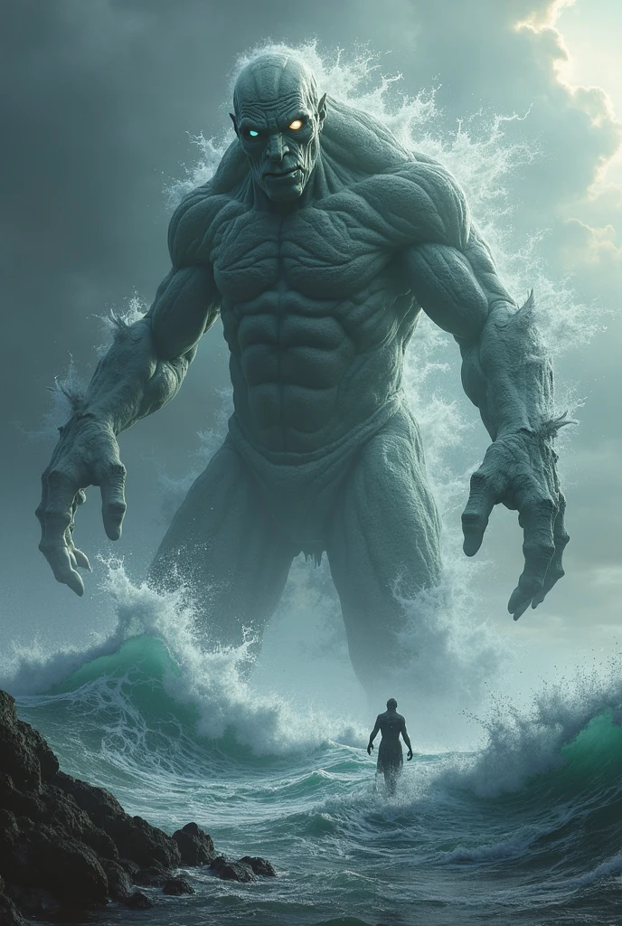 giant rising from the sea in the background seen from afar

