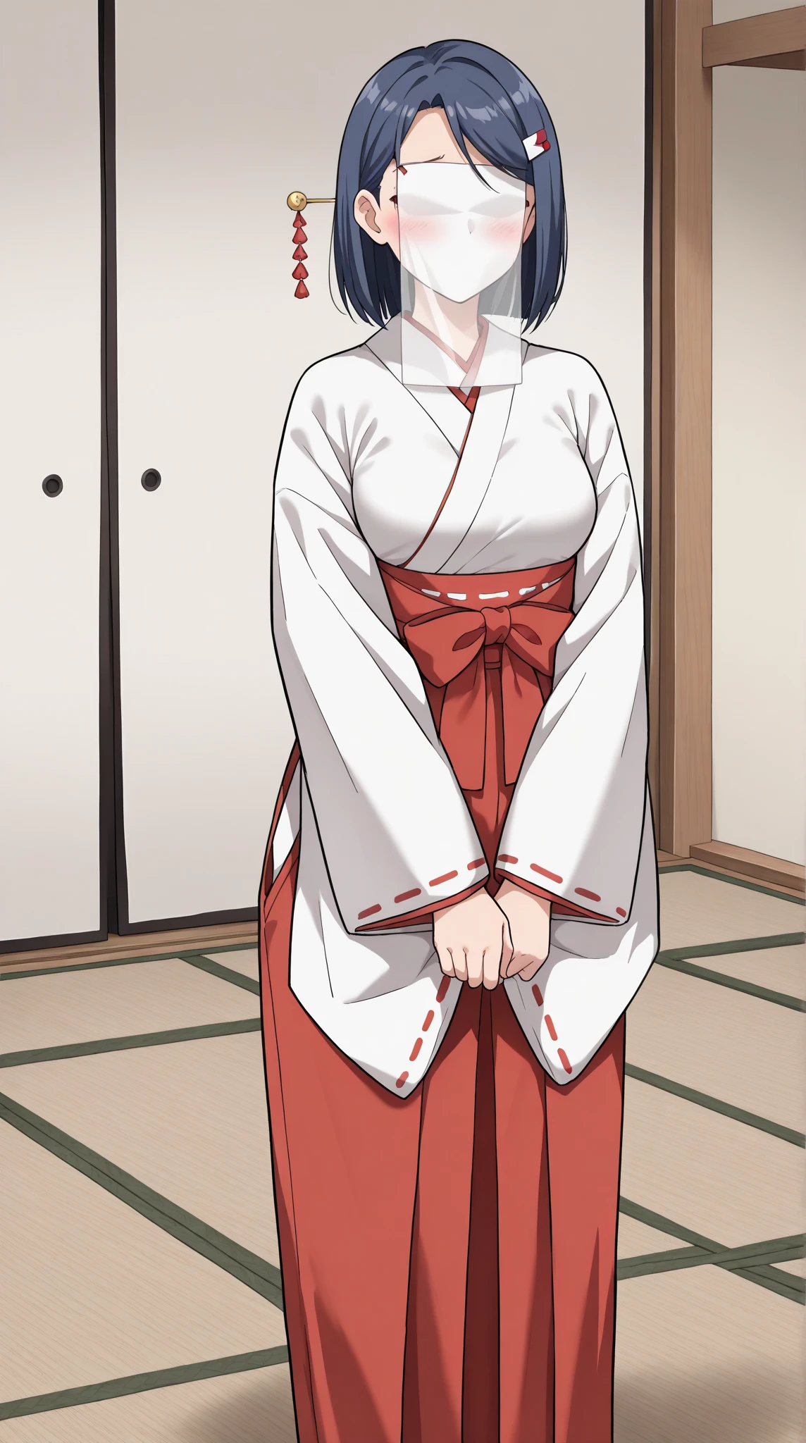 score_9,score_8_up,score_7_up, Anime-style character, source_anime, beautiful color amazing quality, 1girl, solo, lonely, adult woman, A pale anime mature woman, pretty cute, beautiful, (hairpin, jyojifuku, miko, red hakama, long sleeves, white socks:1.3), faceless, full face veil (white veil, light-tight veil, covered face, covered eyes and mouth:1.1), Cowboy Shot, medium hair, dark blue hair, straight  hair, waist length hair, swept bang, Pretty Face, cute, inverted triangle figure, small breasts, facing viewer, looking at viewer, standing, arms at side, (perfect anatomy, perfect proportions, perfect figure:1.3), anime girl with embarrassed look, blush, (background : tatami, indoors). .