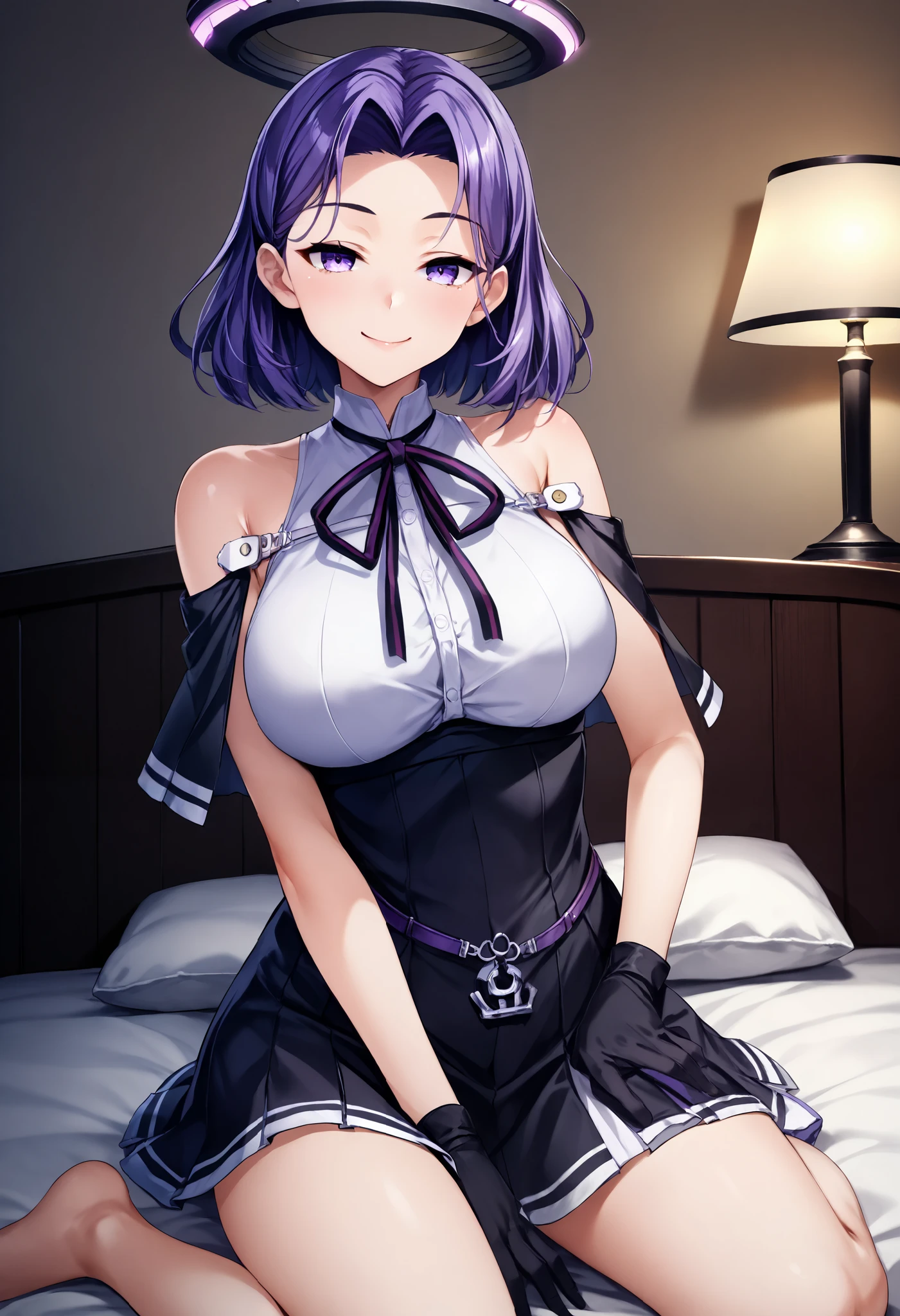 score_9, score_8_up, score_7_up, source_anime, best quality, amazing quality, very aesthetic, 1girl, black eyes, room, wariza, medium hair, Choppy Bob haircuts, dark purple hair, portrait, blazer, starshadowmagician, solo, Adult woman, best perfect anatomy, thin, curvy body, medium breasts, close up shot on person, a woman showing happy, smile, blush, super low angle from below, looking at viewer, (lying down, hand between her legs), mature woman laying prone on sofa, cat ear headband, white shirt, black tie, format black vest, Long-sleeved shirt, white format gloves, black trousers, dynamic angle. perfect dynamic composition, foreshortening, night days, volumetric lighting, dark hotel sitting room background,
