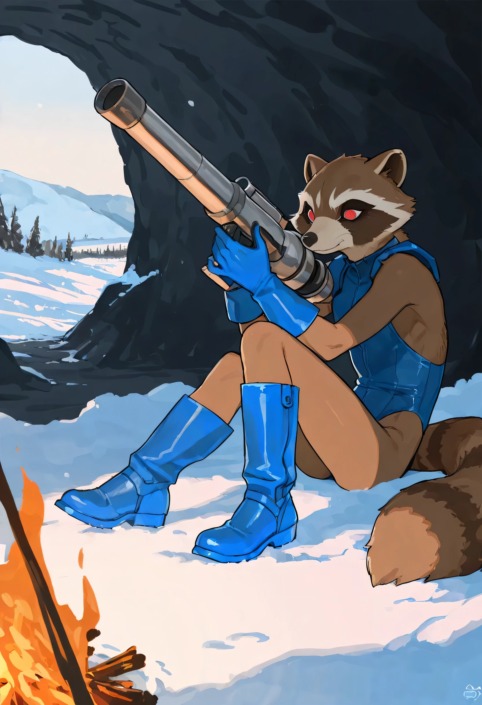 (soft shading), 4k, hi res, ((detailed face, detailed, Best quality, masterpiece, detailed anatomy, detailed eyes, detailed hands, perfect lighting, perfect shading)), by Bebebebe, by Haps, by Buta99, 1male, Rocket Raccoon, dark red eyes, brown furs body, skinny chub body, tail, legless costume blue bodysuit, blue boots, blue gloves, holding a atomic cannon, in the snow field, inside a cave, bonfire next to it, sitting on the floor, blizzard