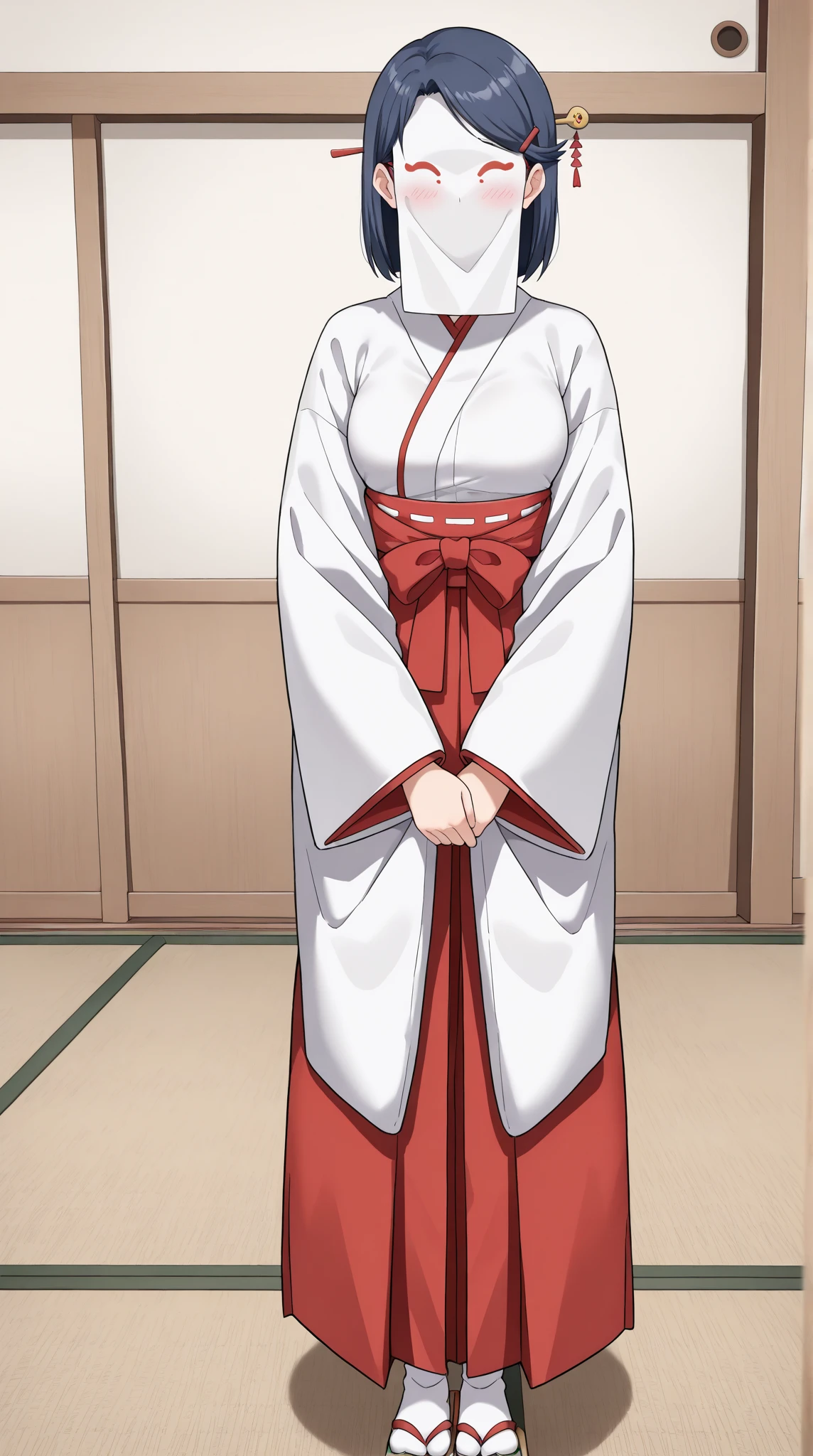 score_9,score_8_up,score_7_up, Anime-style character, source_anime, beautiful color amazing quality, 1girl, solo, lonely, adult woman, A pale anime mature woman, pretty cute, beautiful, (hairpin, jyojifuku, miko, red hakama, long sleeves, white socks:1.3), faceless, full face veil (white veil, light-tight veil, covered face, covered eyes and mouth:1.1), Cowboy Shot, medium hair, dark blue hair, straight  hair, waist length hair, swept bang, Pretty Face, cute, inverted triangle figure, small breasts, facing viewer, looking at viewer, standing, arms at side, (perfect anatomy, perfect proportions, perfect figure:1.3), anime girl with embarrassed look, blush, (background : tatami, indoors). .