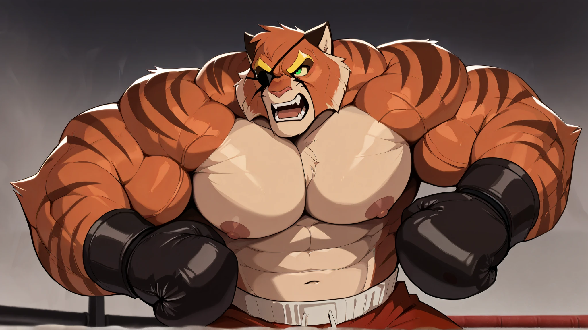 solo, hyper muscular furry (viktor vasco, Viktor[lackadaisy], Viktor Vasko[lackadaisy], black eyepatch, orange fur, orange body, yellow pattern, cream pattern, 1920s styled clothing, stripes, green eyes, large eyebrows, eyebrows, yellow eyebrows.), pectoral, open mouth, red shorts, gloves boxing, boxing gym, steampunk, nipples,  angry, detailed, shirtless, masterpiece, semirealistic:1.2, high detailed, 8k, high resolution