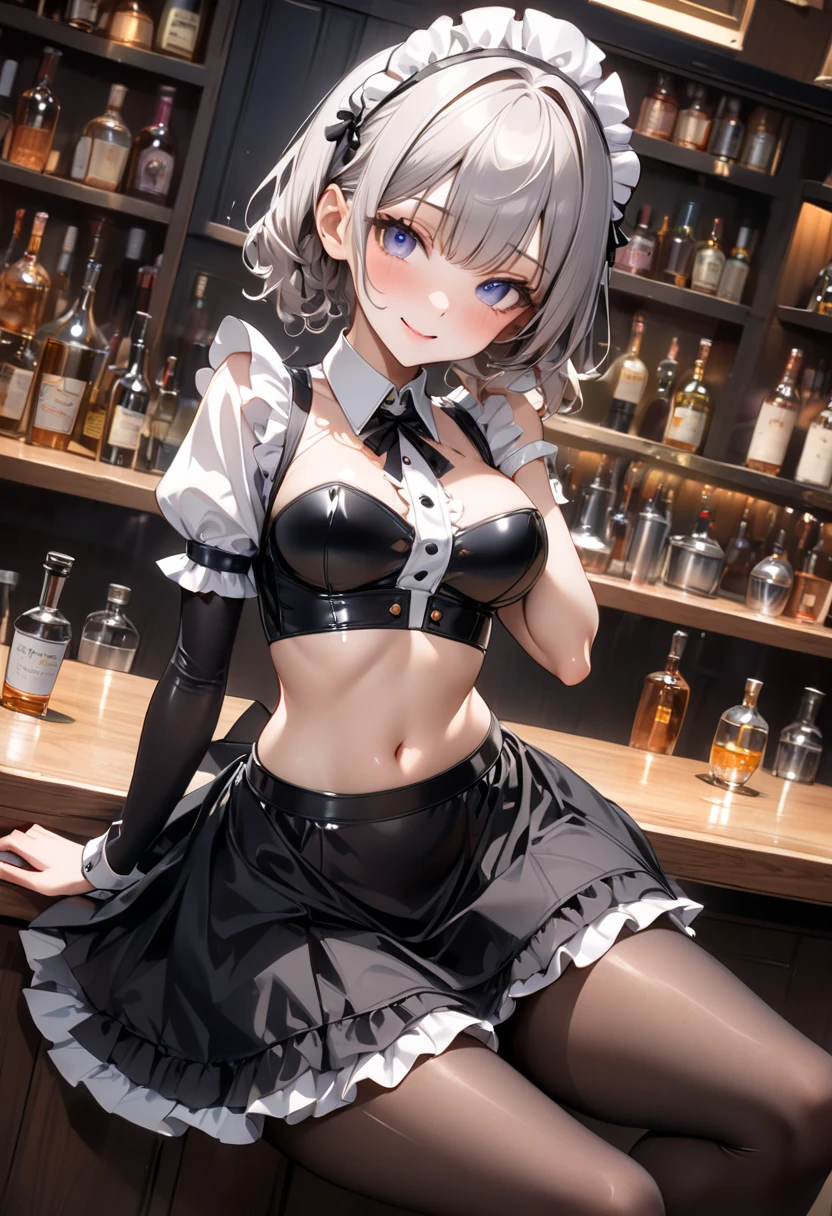 ((playboy bunny)), 4 defined fingers, 1 defined thumb, looking at viewer, solo, 1 woman, 25 years old, AI generated, highest quality, masterpiece, skindentation, perfect face, 8k , cowboy shot, short hair, (silver hair), bob cut, black eye, smile, thin thighs, medium breasts, perfect limbs, sexy, (visible nipples:0.9), (camel toe:0.5), (sit), pantyhose, standing, (close up), upper body,