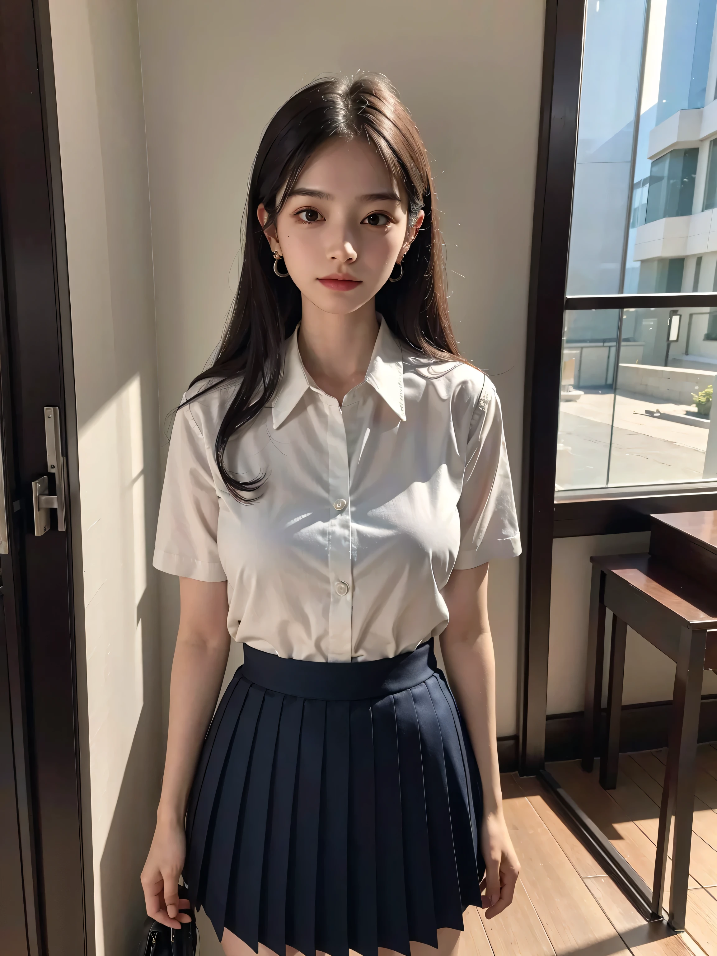 absurdress,Highres,Hyperdetailed),Highres,1girle,PerfectNwsjMajic,fulllllbody,looks at the viewer,s mouth open,Open your clothes,Come and kiss, yellow with red collor shirt and red skirt school uniforms,-yeld stol uniform.( Yellow shirt with red collar.)(( Red skirt.))