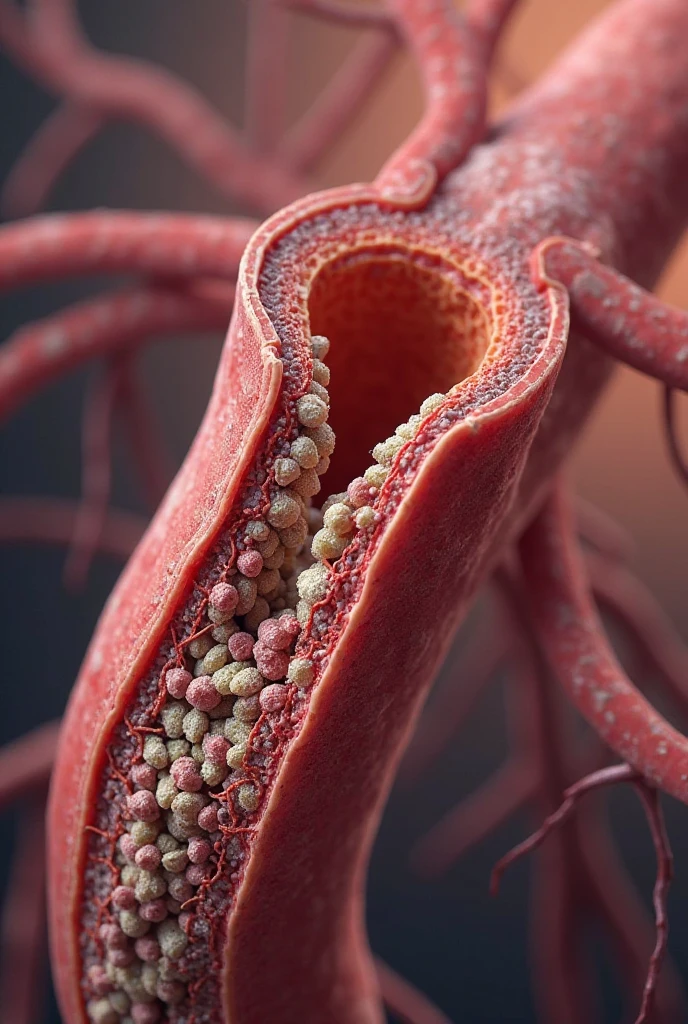 A medical illustration of a cross-section of artery, narrowed by plaque buildup, reducing blood flow. the plaque is shown in yellow.