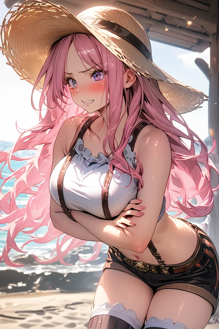 ８K, Highest quality, masterpiece, Ultra-detailed、Pink Hair、long bob hair、full lips、Brown eyes、１８Year-old beauty、Portrait、beach、Embarrassed、Swimwear、