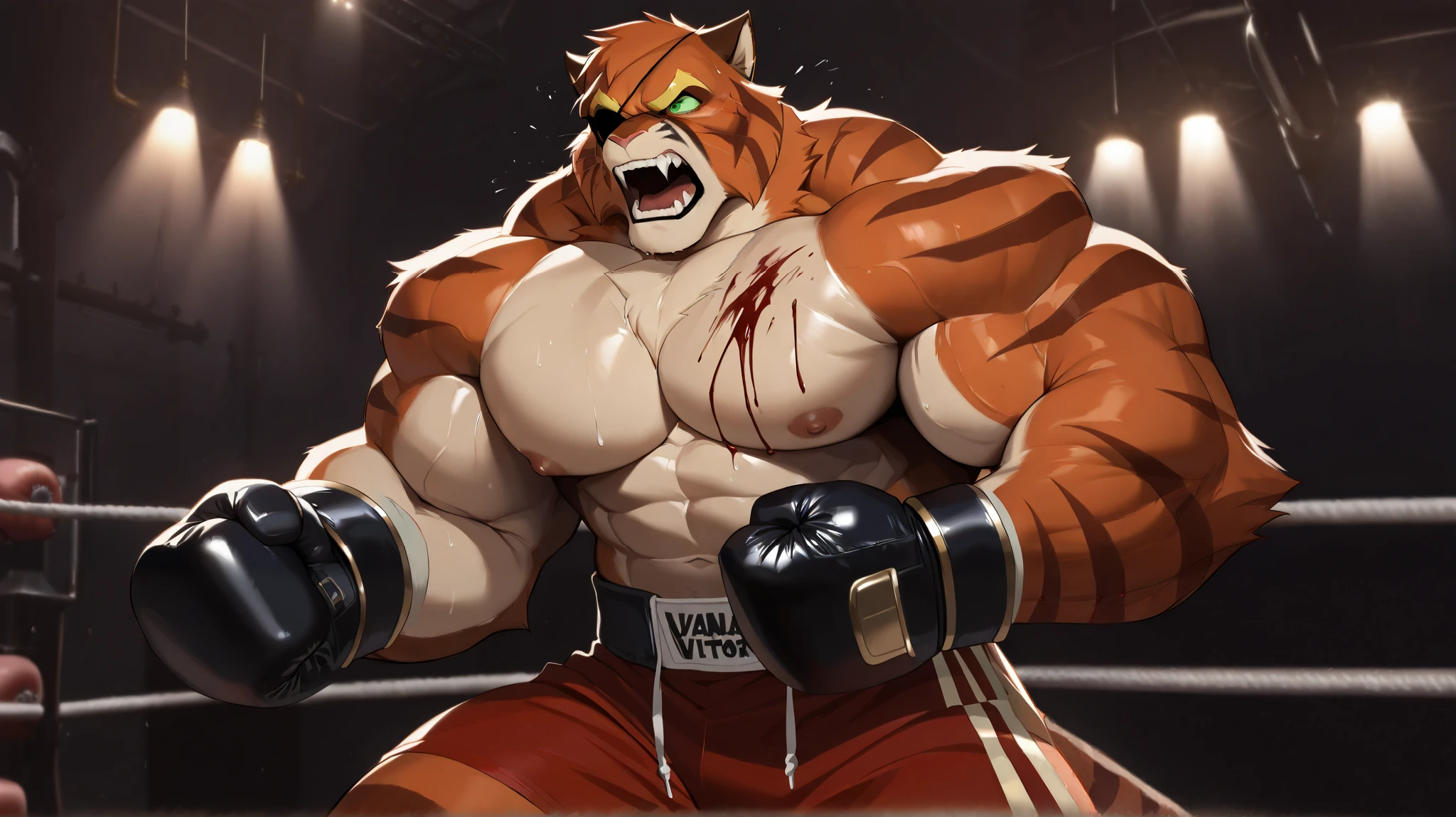 solo, hyper muscular furry (viktor vasco, Viktor[lackadaisy], Viktor Vasko[lackadaisy], black eyepatch, orange fur, orange body, yellow pattern, cream pattern, 1920s styled clothing, stripes, green eyes, large eyebrows, eyebrows, yellow eyebrows.), pectoral, open mouth, red shorts, gloves boxing, boxing gym, steampunk, bleeding , blood, nipples,  angry, detailed, shirtless, masterpiece, semirealistic:1.2, high detailed, 8k, high resolution