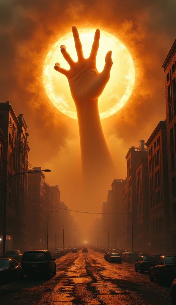 an orange yellowish color light portal in the sky, there is a majestic monster hand coming out from inside the portal, the hand is want to smash the city, the sky is dark, cinematic, delicate image with high details, very aesthetic, combining both horror and magical, dramatic lighting, hyper realistic.