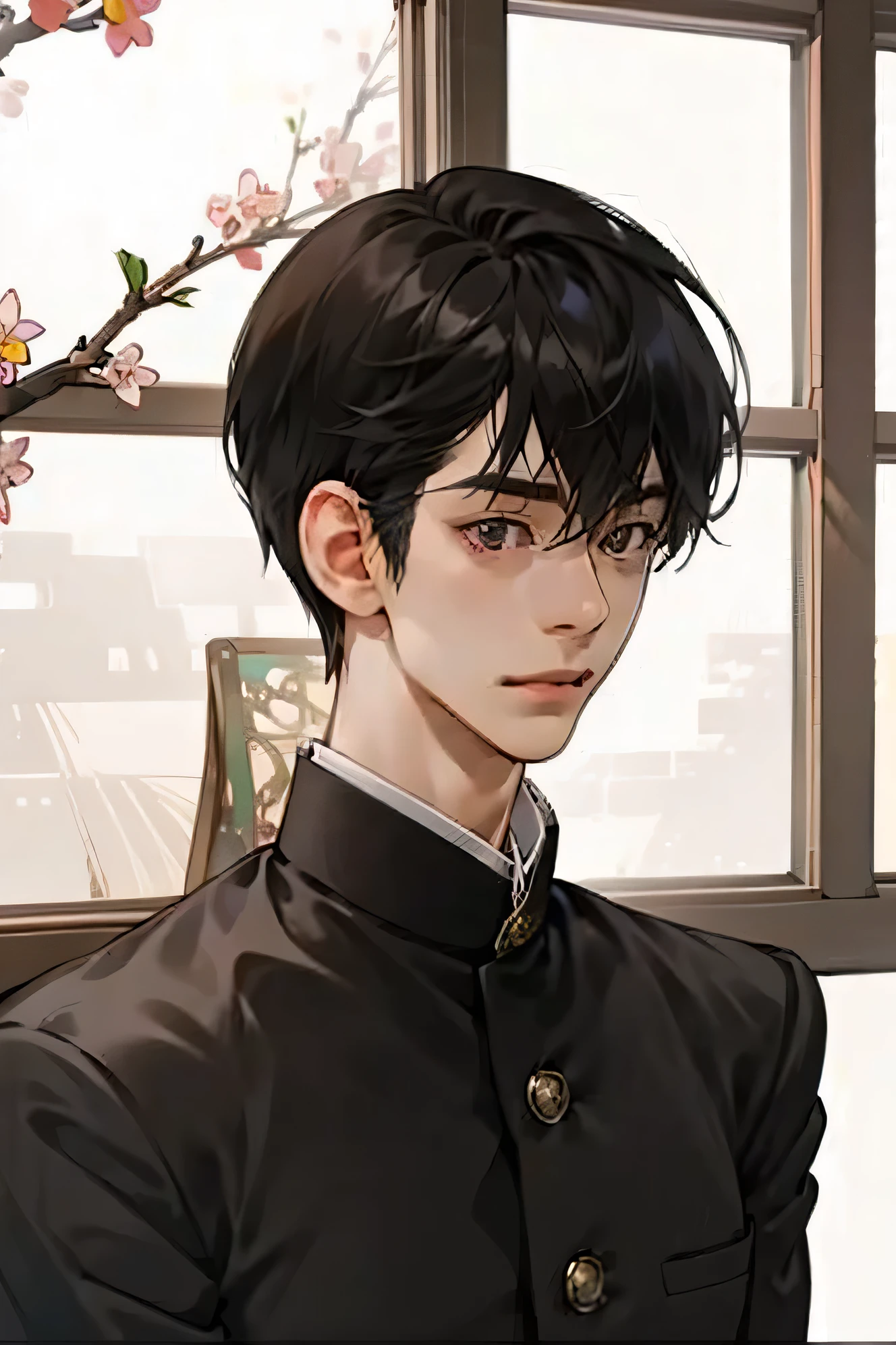 Japanese man handsome short dark-haired adult short cropped smile In the classroom window window windowの外は初春 There is only one cherry tree Shaved head Shaved head Shaved head Shaved head Black school run school uniform Black school run 顔がより大きくPortrait of a mysterious woman surrounded by Portrait of a mysterious woman surrounded by
