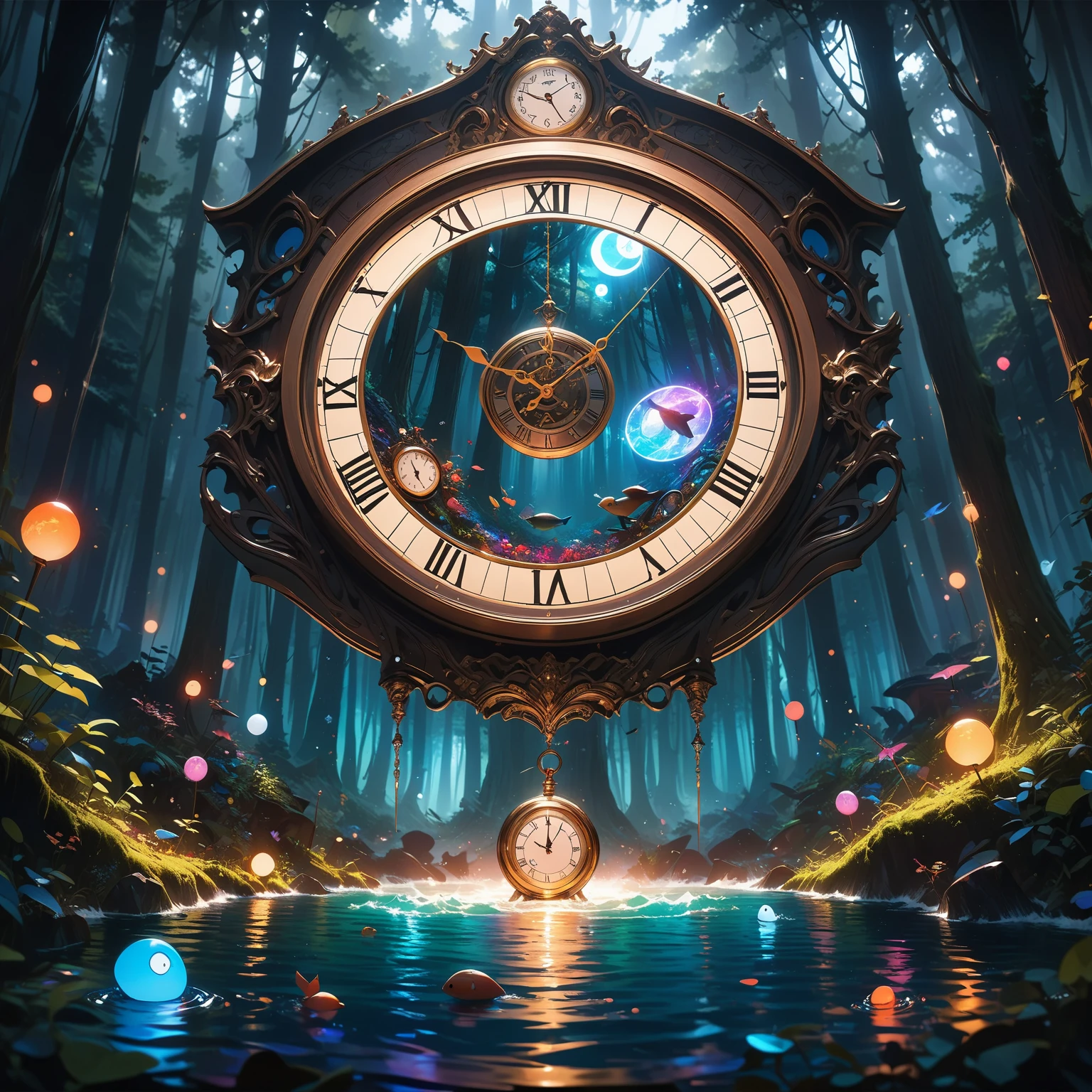 (masterpiece, best quality:1.2, 8k,16k,high-resolution,(A Glowing Portal in Dark Forest:1.5),fantasy world、can see things you can't see with light floating” in the dark,(giant deep-sea creatures swimming in the sky:1),(Dark Forest:1.3),(Big mirror clock:1.3), what you can't see in the light can be seen floating in the dark in the dark, yesterday is tomorrow in the dark of the forest pitch-dark forest
Fish are in the sky small birds have eggs splashing into the water and the mirror sings a completely dark forest is a strange place it's been completely dark since morning
If you listen, you won't hear anything (if you look at the clock, it goes upside down:1.5) A completely dark forest is a maze of the mind fast is slow completely dark forest
Everyone knows where it is nobody knows where it is the pitch black forest keeps moving
A completely dark forest near and far
A completely dark forest close and far