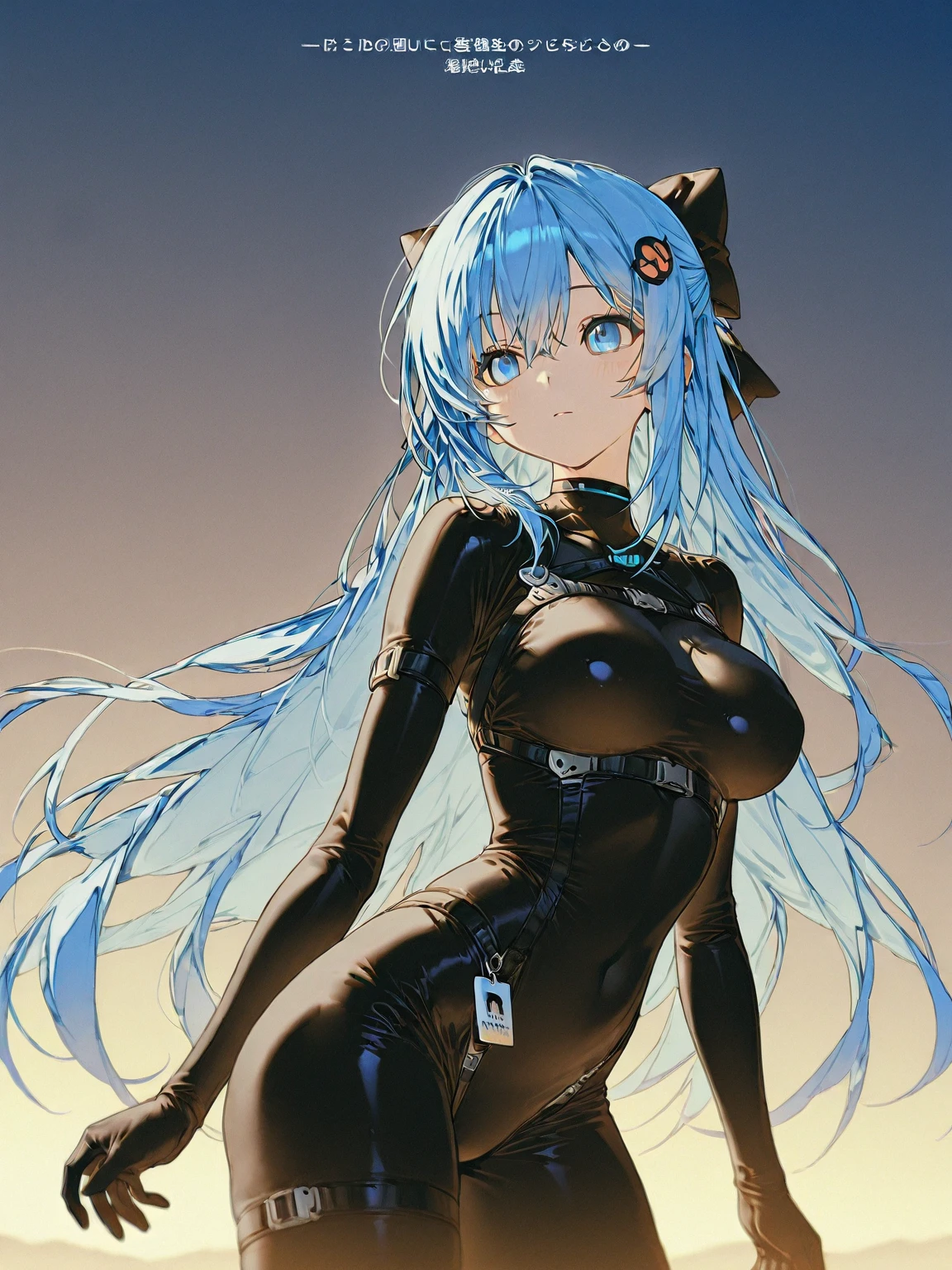 ３DCG form。Blue Eyes、Blue hair long updo girl、Slender Busty Spy、Naughty black spy outfit。Secret Underground Facility。Kneel、blush、shame。