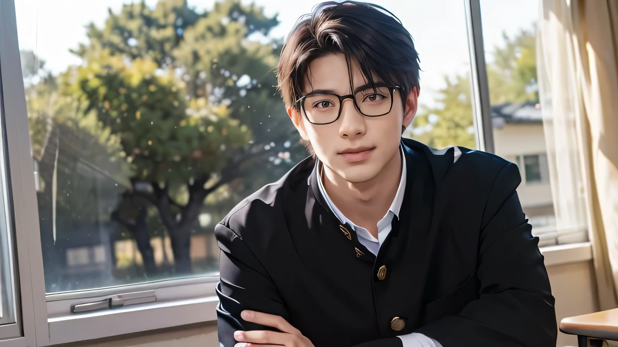 Japanese man handsome short dark-haired adult short cropped smile In the classroom window window windowの外は初春 There is only one cherry tree Black school run school uniform Black school run Shaved head Shaved head Shaved head Shaved head glasses