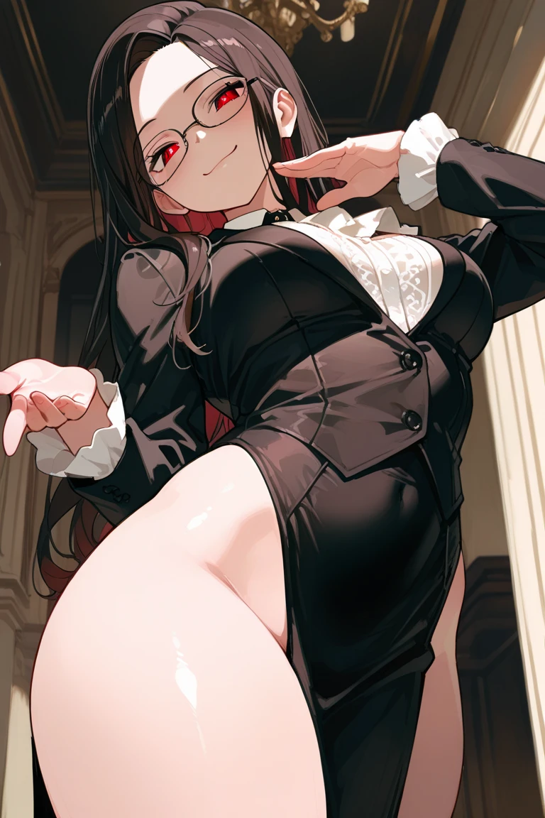 (masterpiece, best quality:1.2), 1girl, solo,standing_split,
Beautiful Asian woman, black wavy hair, pubic hair, wearing glasses, black sleeveless short vest,pink skirt, no panties, smiling
