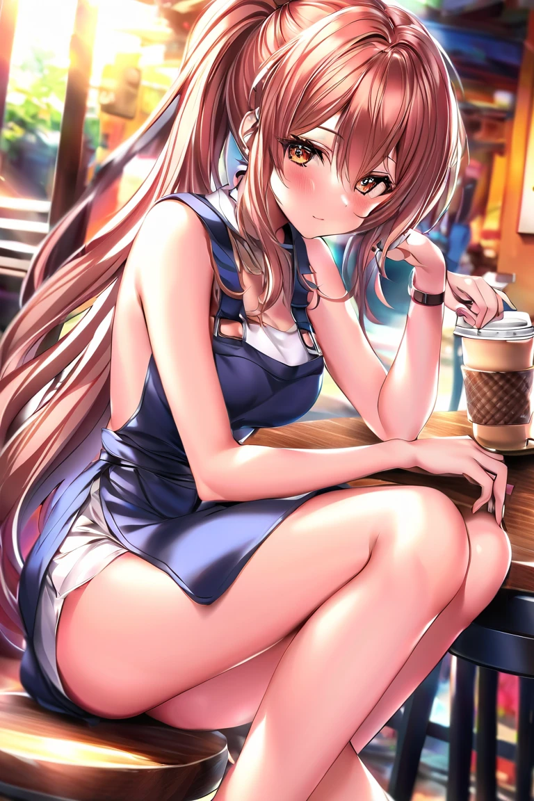 a sun ayuuki, a sun a yuuki, Long Hair, Brown Hair, (Brown eyes:1.8), ponytail,Sweat,濡れて透けたTank top,Tank top,Belly button,happy smile, smile, Open your mouth,Shorts,barefoot,Sitting on the sofa,Holding an ice cream in one hand,noon,Clear skies,
Break indoors,room,
壊す looking at viewer,Systemic
break (masterpiece:1.2), Highest quality, High resolution, unity 8k wallpaper, (shape:0.8), (Fine and beautiful eyes:1.6), Highly detailed face, Perfect lighting, Highly detailed CG, (Perfect hands, Perfect Anatomy),