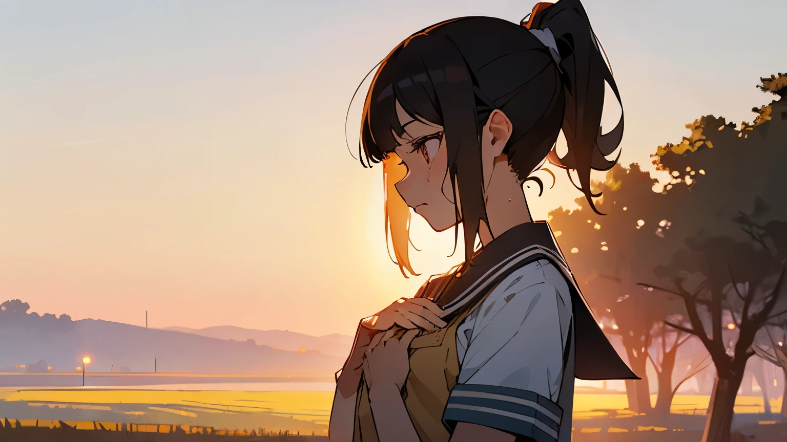 Anime girl with ponytails and a backpack looking at the sunset - SeaArt AI