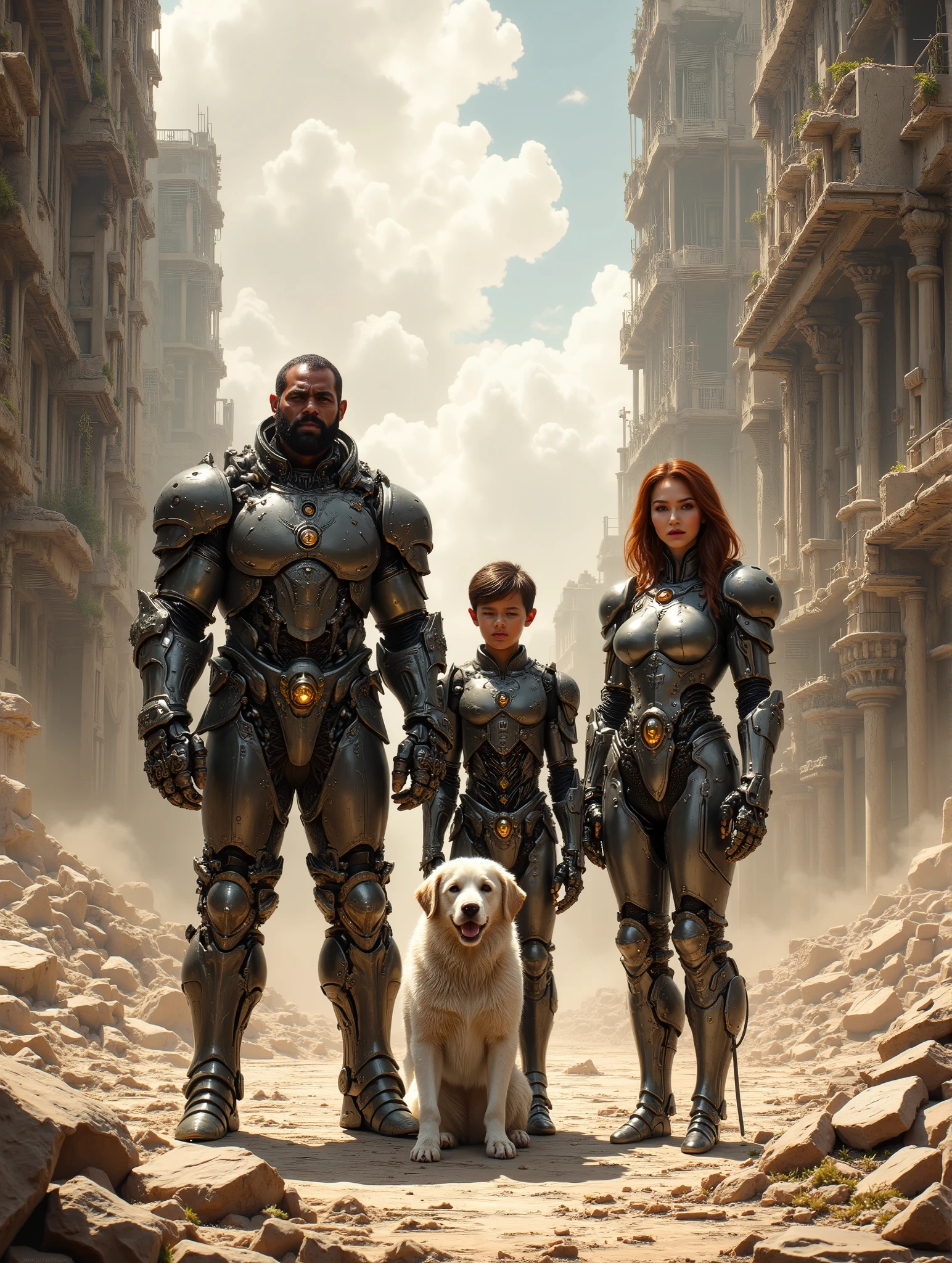 Cybernetic Family of an Man Woman girl boy and a dog, standing in the rubble of a building during the post apocalypse, daytime, ruined degraded buildings in the background, dust cloud in the background