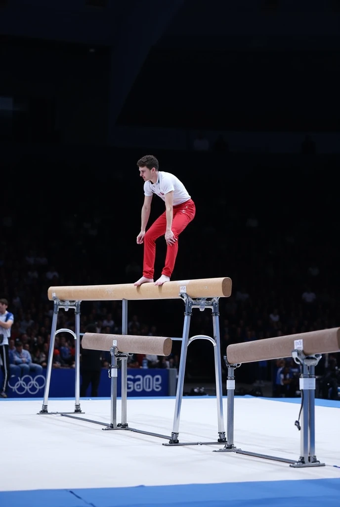 (1boy, photorealistic:1.4, ultra realistic, masterpiece:1.2, best quality, 4k), young olympic male gymnast performing on rings in front of a crowd, andrea savchenko, daniil kudriavtsev, acrobatic, jakub gazmercik, kacper niepokolczycki, his arms and legs are hanging, raphael personnaz, nikolay georgiev, photo from the olympic games, acrobat