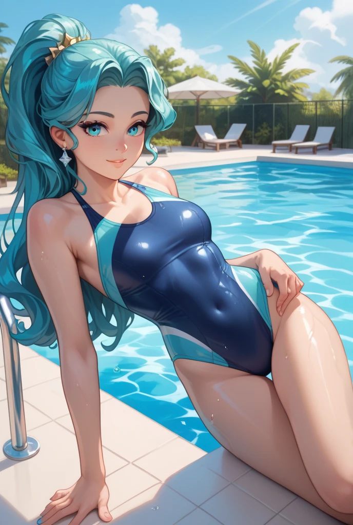 roxy, mushoku tensei, Swimsuit, anime, 1girl, blue hair, braided hair, blue eyes, smiling, wet