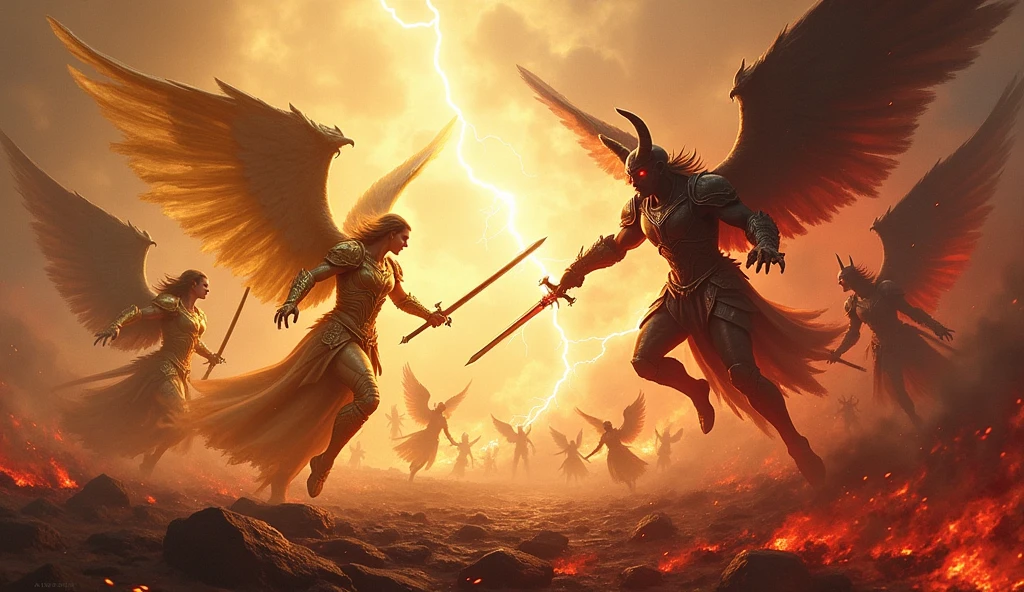 A fierce battle rages between angels and demons in a vast, otherworldly ...