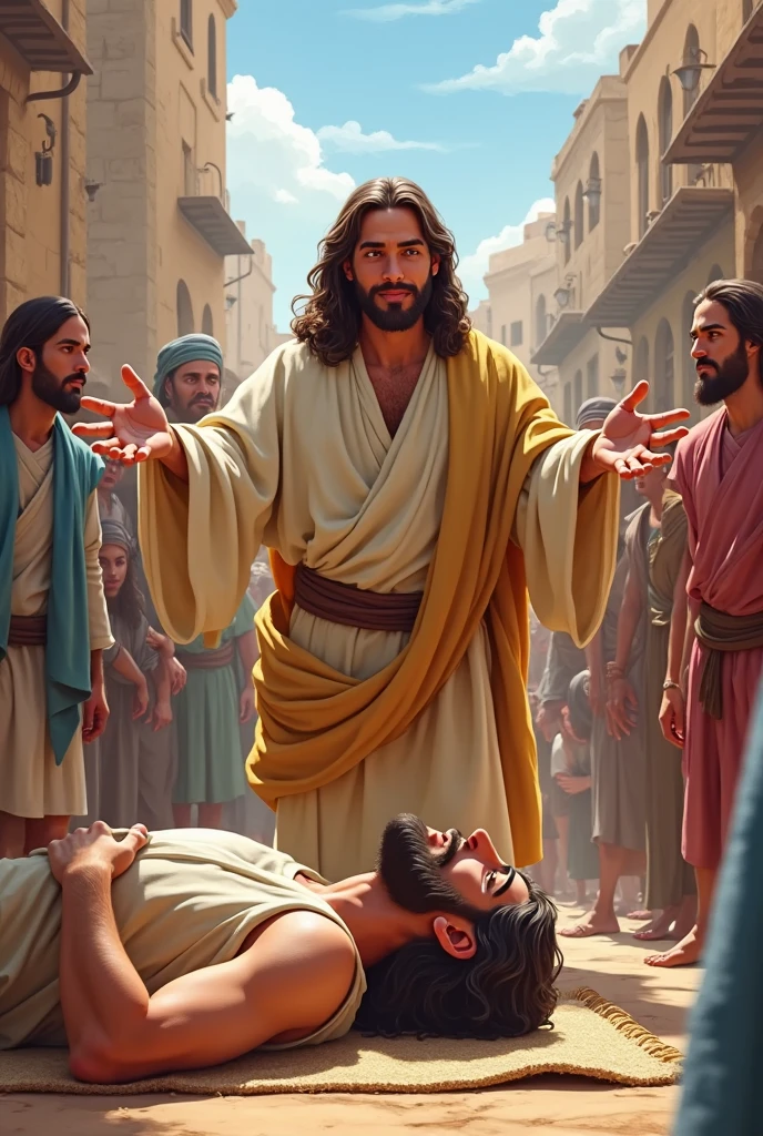 Jesus in the crowd, biblical illustration, epic biblical representation, super realistic image, cinematic lighting, beautiful representation, realistic, 4k, hdr