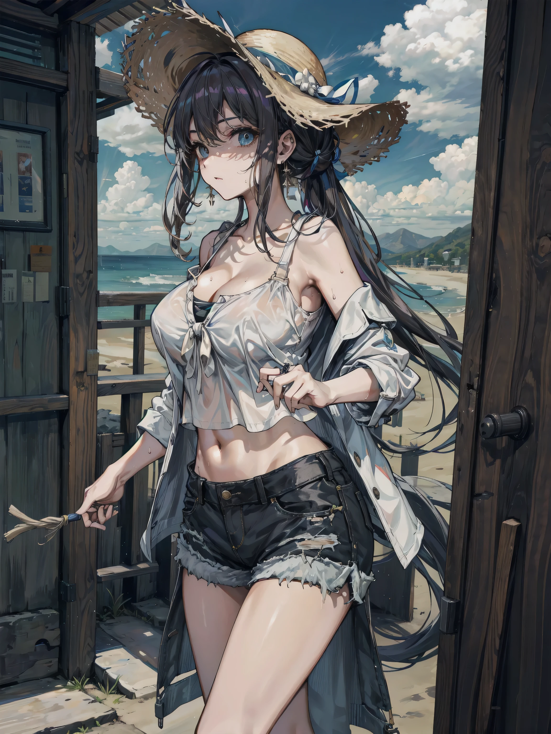 masterpiece Unreal Engine Anime Style Delicate painting 4K 90's giant crowd Residential Street apartment Apartment Woman in her 20s 高層apartment街の谷間に立っている水着の巨大な女の子 One piece swimsuit slender Straw hat sneakers White socks watch Black Hair blue sky cumulonimbus Contrail female giant giant girl Whole body Destroyed skyscrapers Destroyed cars Crowd Unreal Engine,cleavage ,a drawing of a , earrings, long hair, 1980s (style) Cute picture Beauty Analog style whole body sneakers