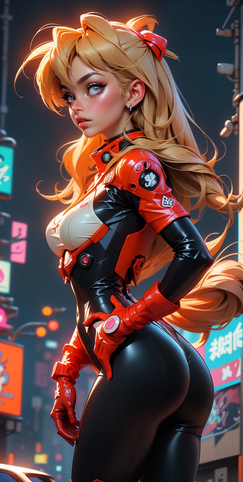 (BAPV), intriciate detail, 1Girl, natta, (Bright neon colors), ((Fly over the cyberpunk city of the future)), detailed background, (Little Cyborg Girl, ((Cute perfect face, Bright red eyes)), (perfect anatomia, Petite and energetic breasts), (Ridiculously long gradient orange and white hair, hair blowing in the wind)), Detailed ribless bodysuit, shoulder armor, Cybernetic limbs, Dynamic Angle,