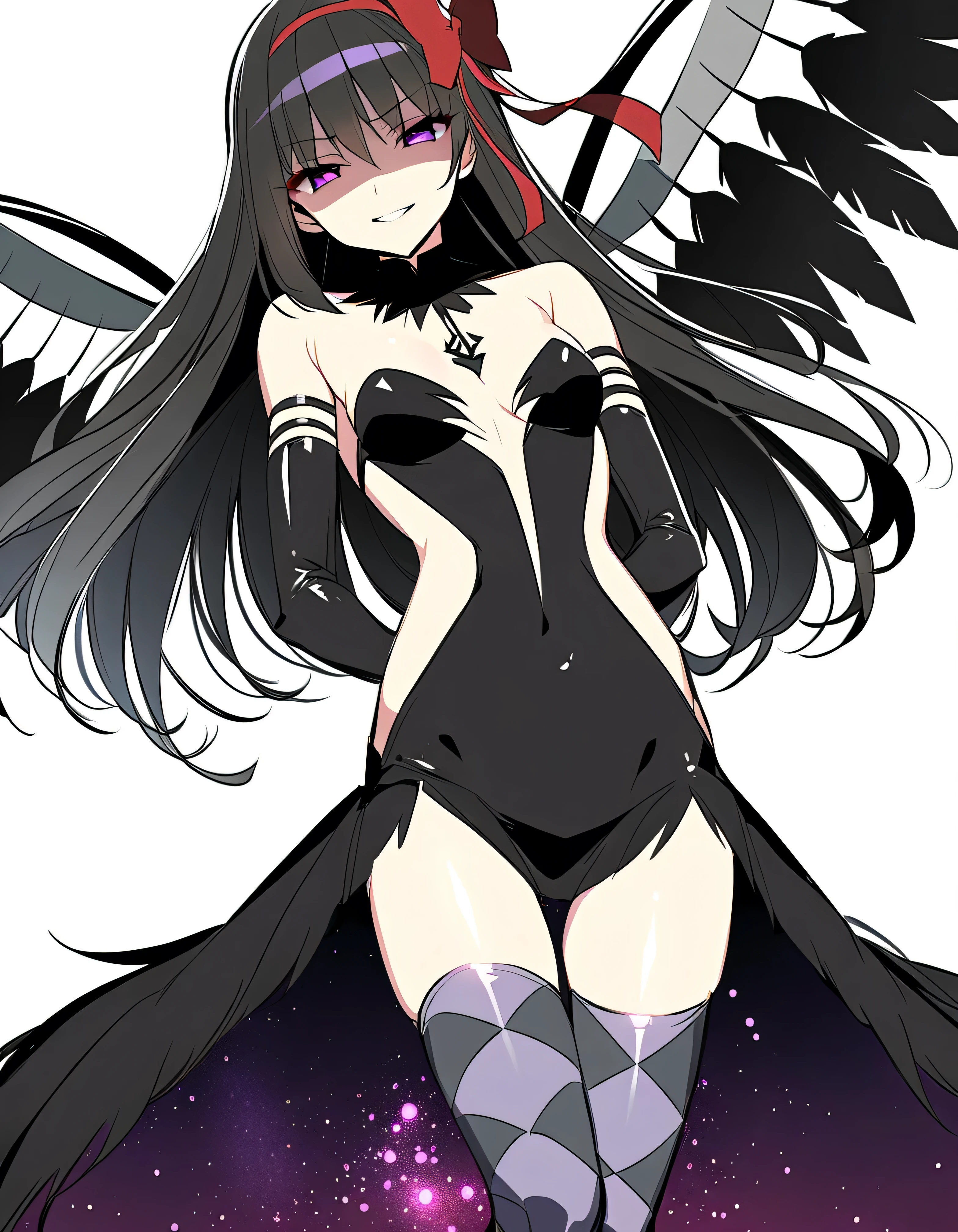 1girl, akuma homura, solo, long hair, wings, gloves, elbow gloves, black hair, smile, purple eyes, thighhighs, black gloves, argyle legwear, argyle, bare shoulders, looking at viewer, dress, soul gem, hair bow, bow, choker, feathered wings, white background, zettai ryouiki, simple background, black wings, masterpiece, best quality, late, evil smile,shaded face(eyes in shadow),shiny latex