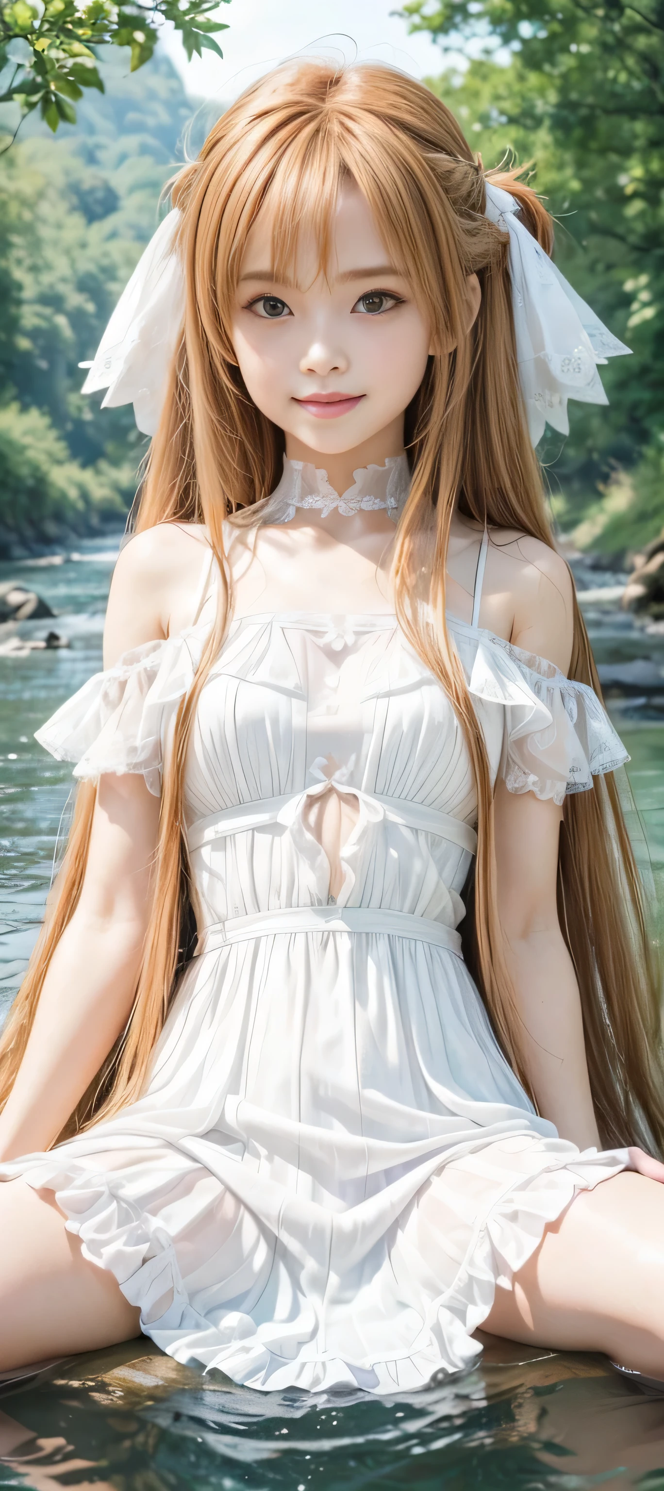 masterpiece, best quality, (realistic,photo-realistic:1.4), (RAW photo:1.2), extremely detailed CG unity 8k wallpaper, delicate and beautiful, amazing, finely detail,official art, absurdres, incredibly absurdres, huge filesize, ultra-detailed, extremely detailed, extremely detailkcaled girl,extremely detailed eyes and face, light on face,(smirk:1.4),(long hair:1.3),(caramel hair:1.3),(river background:1.4),nature,medium breast,yuuki asuna,hair ribbon,(parted bangs:1.4),(white dress:1.5),(spread legs:1.3)