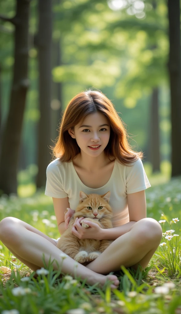 Woman in a beige cotton T-shirt sitting on the grass, There is a kitten next to the woman