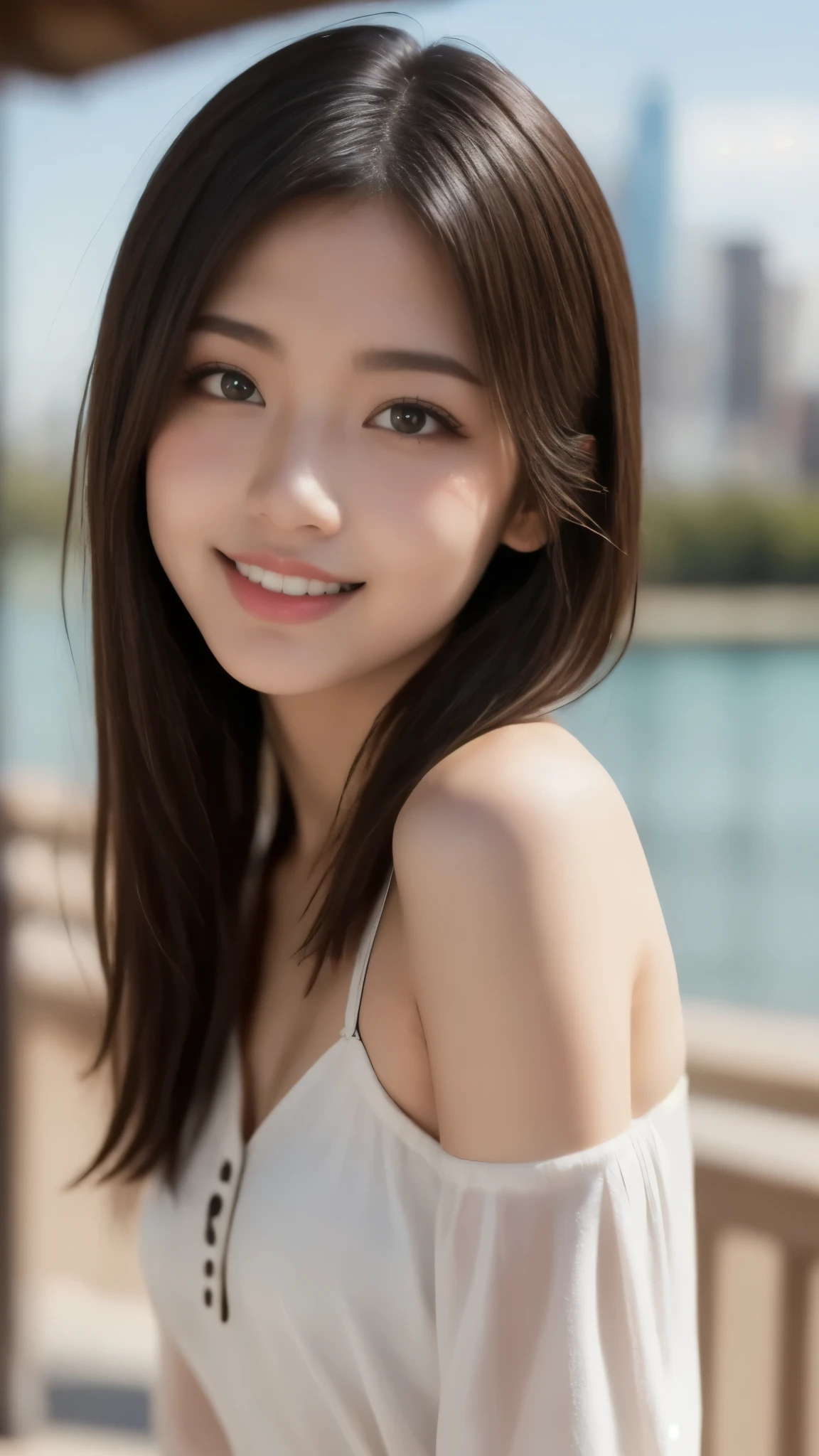 8k, masterpiece, RAW photo, best quality, photorealistic, extremely detailed CG unity 8k wallpaper, Depth of field, Cinematic Light, Lens Flare, Ray tracing, (extremely beautiful face, beautiful lips, beautiful eyes), intricate detail face, ((ultra detailed skin) 1girl in, Fisheye, Selfie, Wind, hair messy, Sunset, Detailed cityscape, (Aesthetics and atmosphere:1.2),Beautiful woman smiling、8K、An ultra-high picture quality、japanes、1 woman around 20 years old、Beautie、kawaii faces、Beautie with well-defined features、Smiling、Showing teeth and smiling.