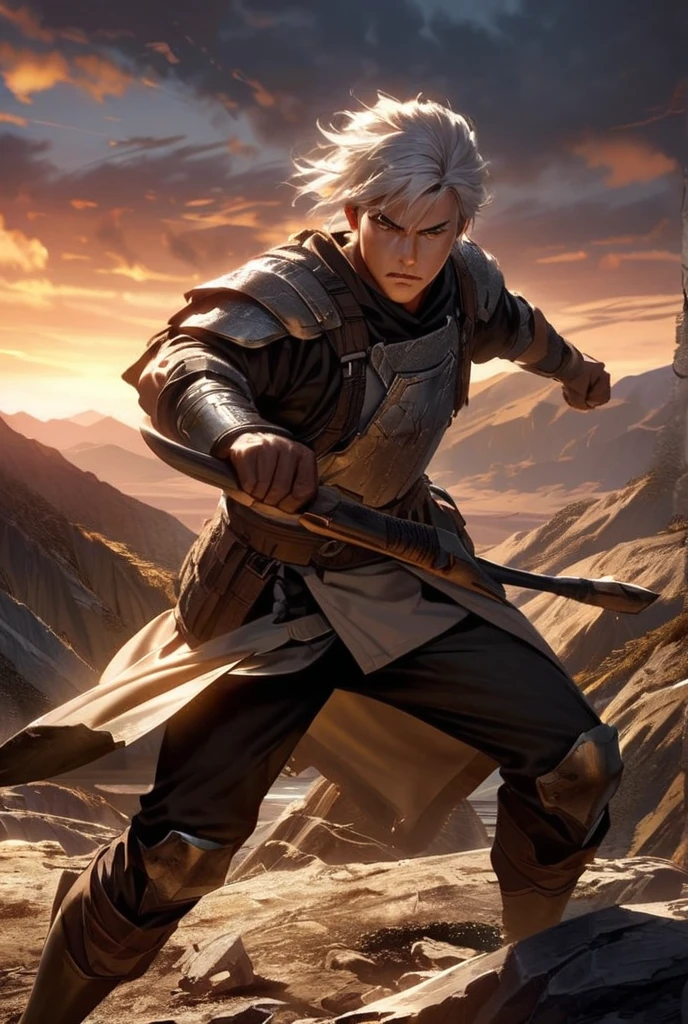 Create an image of Ashara, a skilled warrior from the Dragon Clan. He should be depicted in battle-ready attire with dragon motifs, holding a spear. His expression should be determined and focused. The background can show a training field surrounded by mountains and trees, highlighting his role as a formidable fighter."