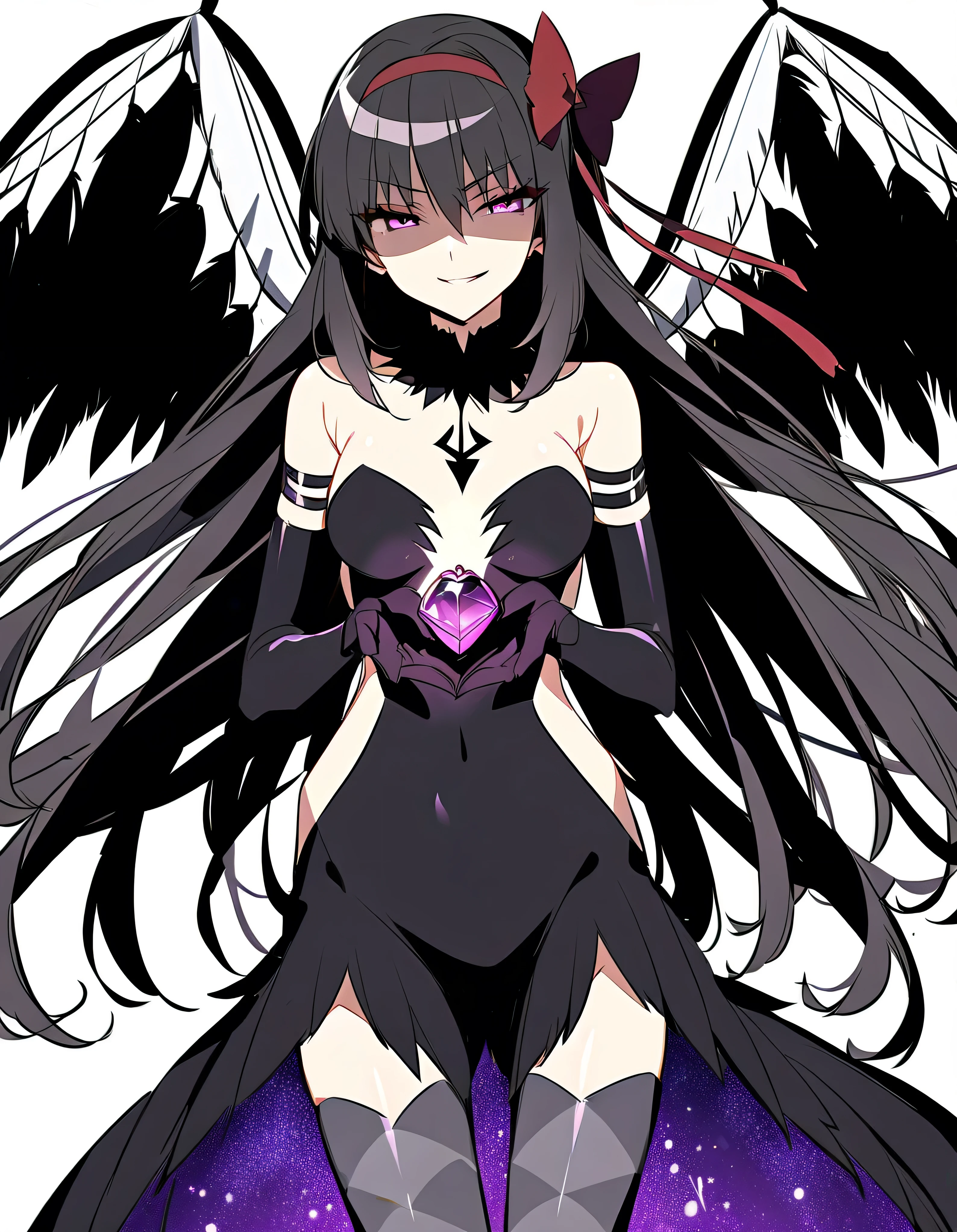 1girl, akuma homura, solo, long hair, wings, gloves, elbow gloves, black hair, smile, purple eyes, thighhighs, black gloves, argyle legwear, argyle, bare shoulders, looking at viewer, dress, soul gem, hair bow, bow, choker, feathered wings, white background, zettai ryouiki, simple background, black wings, masterpiece, best quality, late, evil smile,shaded face(eyes in shadow),shiny latex