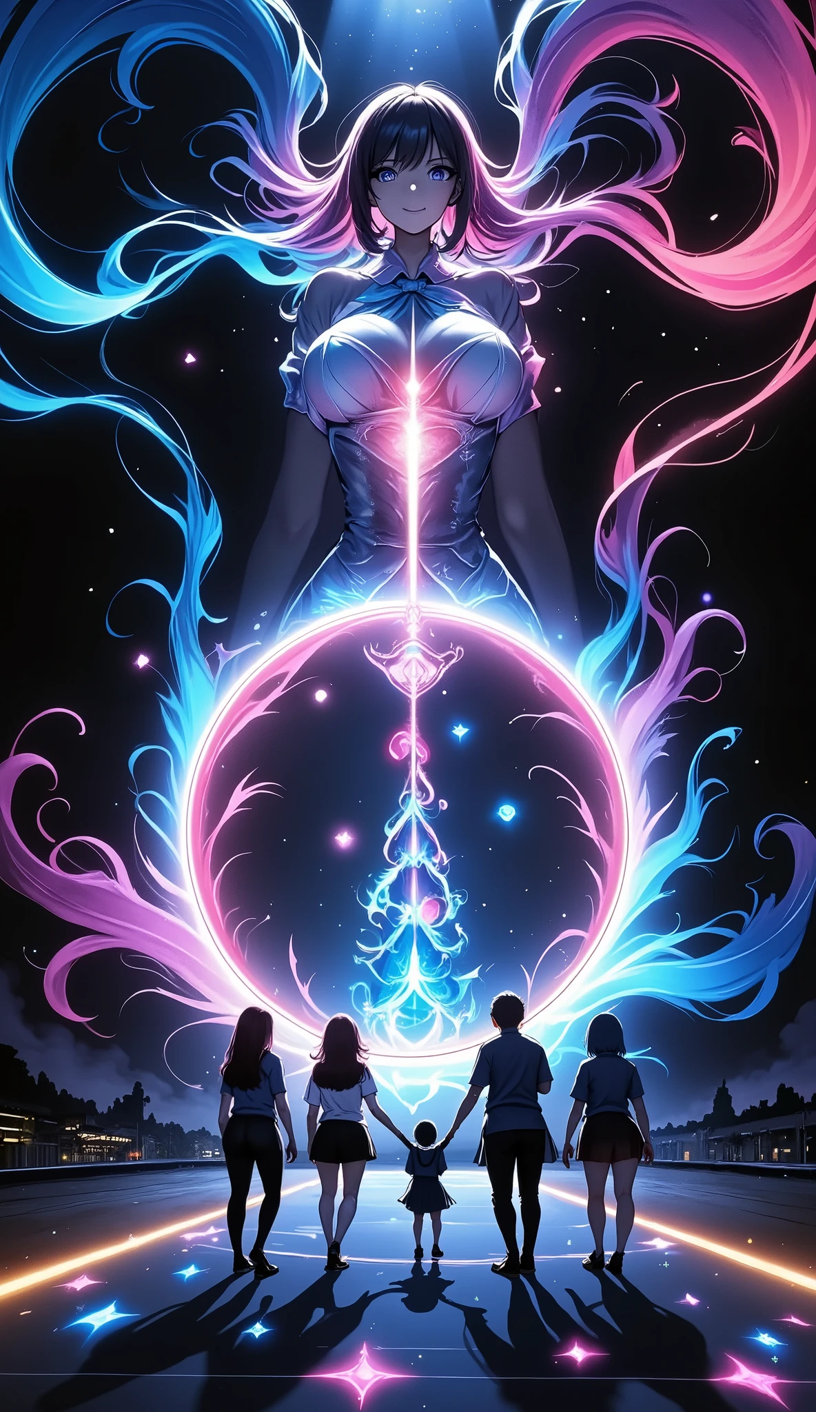glowing door, glowing portal, JK, Back View of Girls Walking, Neon Light Road, Suspicious Gate That Exists Alone in a Space Where Smoke and Deep Darkness Spread, Guide of Light , enchanting sparkle, Tranquility, Silence, Serenity, (Best Quality, very detailed, CG illustration, masterpiece:1.2, Aesthetics at its best),