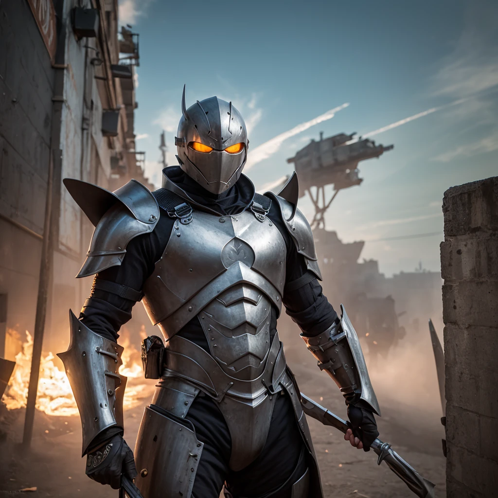 (masterpiece, best quality, ultra-detailed, best shadow), cinematic film still, photo of a man wearing a high tech scifi armor, samurai armor, male focus, armor, solo, cape, menpo, glowing eyes, blurry background, katana sword handle on back, power armor, knee protection, standing science fiction, glowneon  <lora:aesthetic_anime_v1s:1.2> <lora:glowneon_xl_v1:1> <lora:add-detail-xl:0.8>